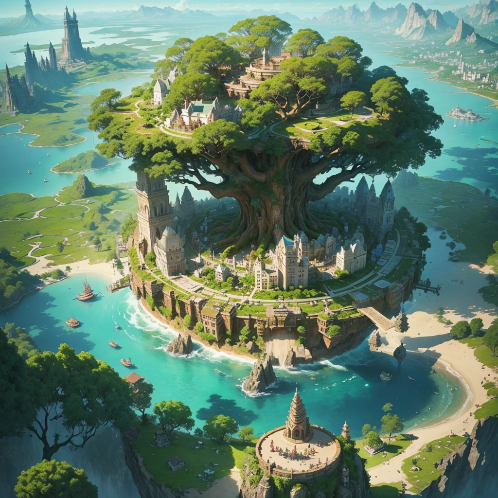 The farthest aerial view, an island in the sea, There is a huge spiritual tree on the island that is as huge as the world, Here are the basics of a natural magician, This is a magical city with a fantasy style, The giant tree is surrounded by the buildings of the Magic Academy and the village。and the sun was shining brightly，continuous city-state
