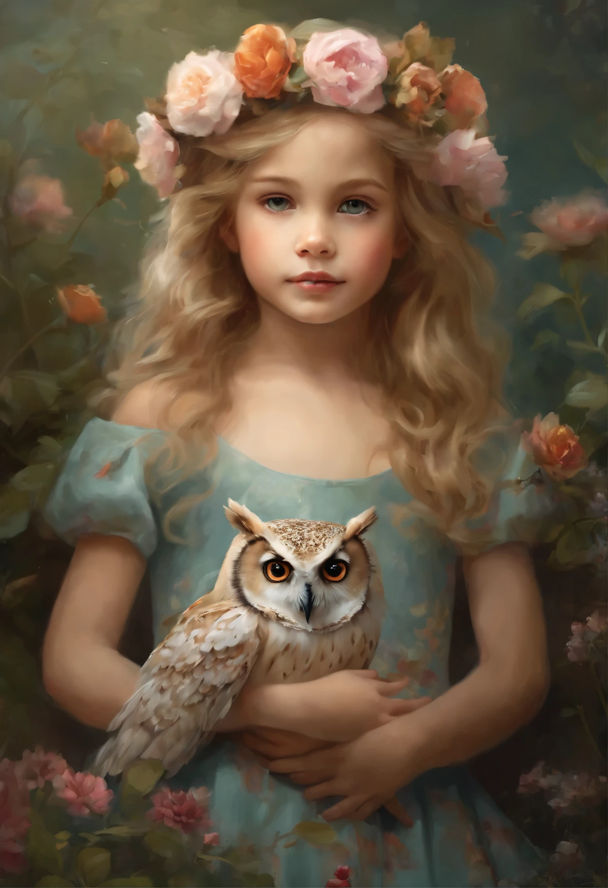 photo of a little blonde girl in a floral dress with an owl in her hands and a flower crown, magali villeneuve', In the style of Anna Dittmann, magali villeneuve and monet, beautiful character painting, Heather Theurer, Ghibli Tom Bagshaw, artwork in the style of guweiz, Adi Granov, jinyoung shin art, Ye Xin, Annie Stegg Gerard