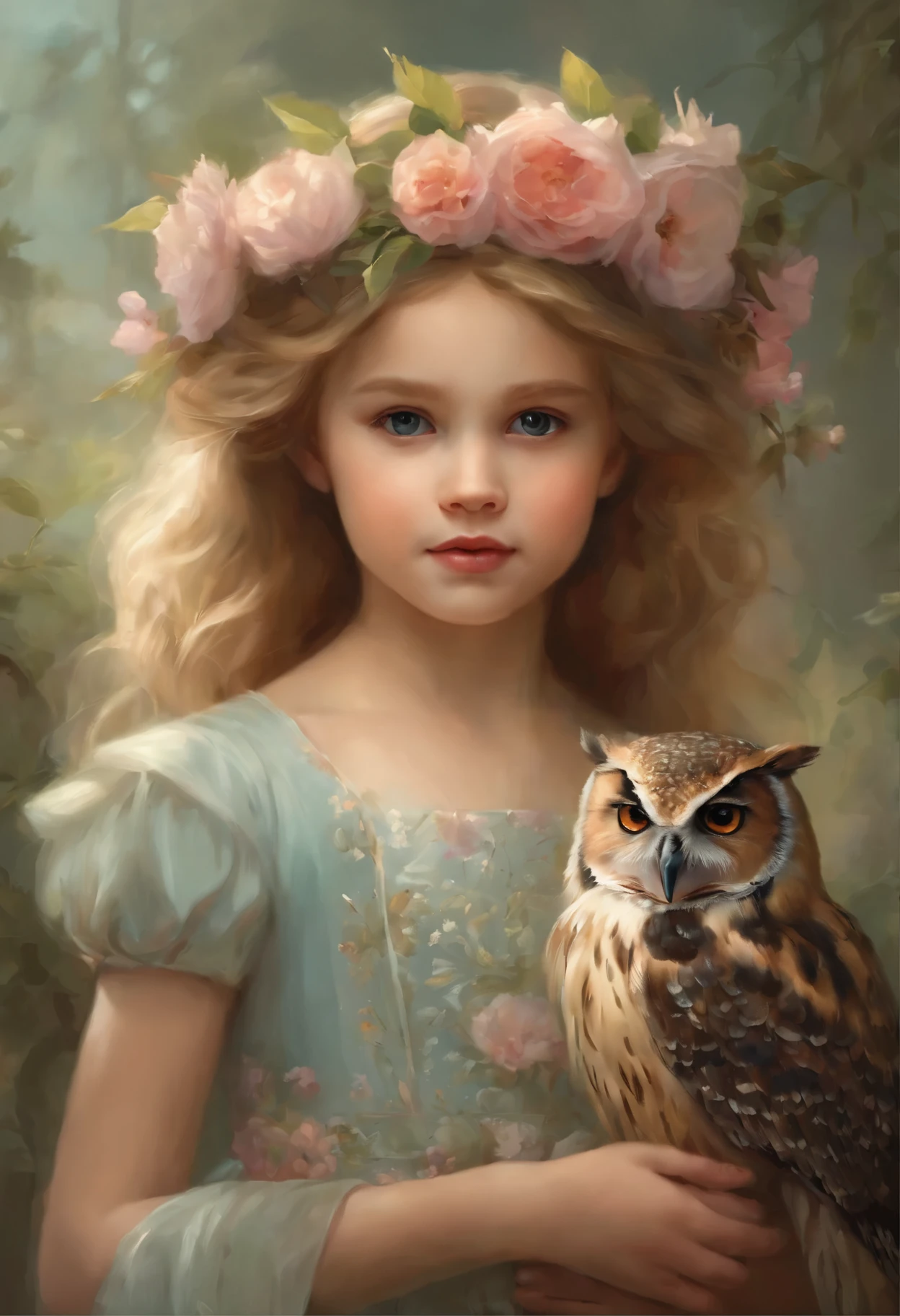 photo of a blonde girl in a floral dress with an owl in her hands and a flower crown, magali villeneuve', In the style of Anna Dittmann, magali villeneuve and monet, beautiful character painting, Heather Theurer, Ghibli Tom Bagshaw, artwork in the style of guweiz, Adi Granov, jinyoung shin art, Ye Xin, Annie Stegg Gerard
