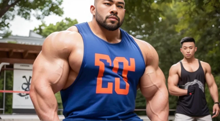 (Very detailed 8k wallpaper), two asian men, muscle worship, arms folded, On the playground, high detailing, buzzcut, very large and strong body, bulging muscles, well-muscled, very large pectoral muscles. Very sexy abs, legs are well-muscledの, Toned figure, lightens oily skin, well-muscledの, Tank top, T-shirt, longshot, Wide Shot