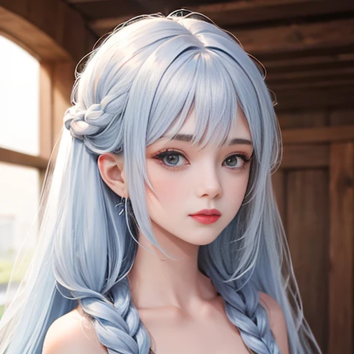 uma garota de cabelos platinados, cabelos ondulados, double braids