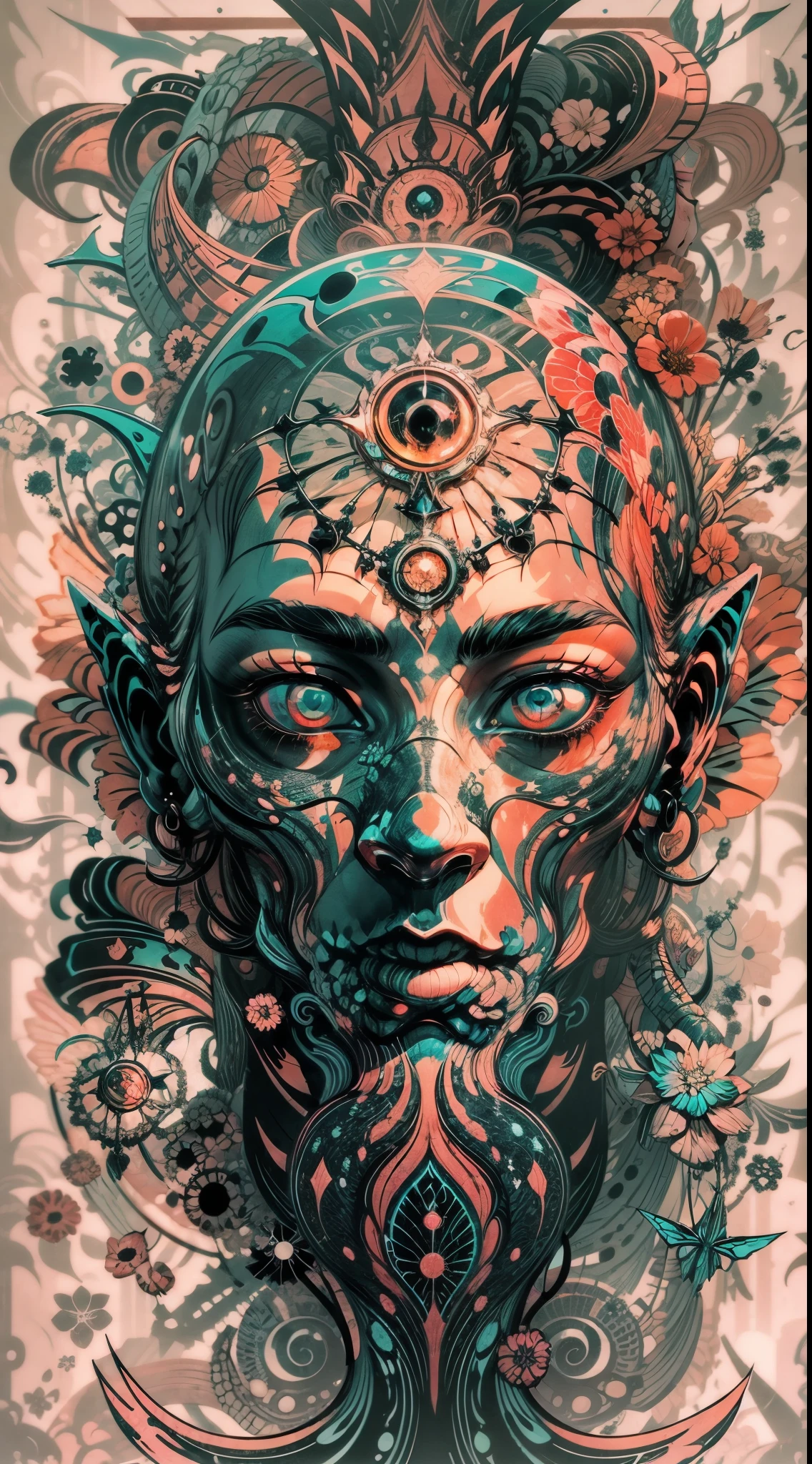 Explosive, otherworldly painting of a shape-shifting deity adorned with the Hp.lovecraft motifs and omnipresent, piercing eyes, a breathtaking amalgamation of fine art and captivating photo collage, mesmerizing poster design:: their appearance exuded the enigmatic allure of elder god minimalism fused with cosmic chaos:: --ar 9:16 --s 963 --c 9 --q 2 --v 5