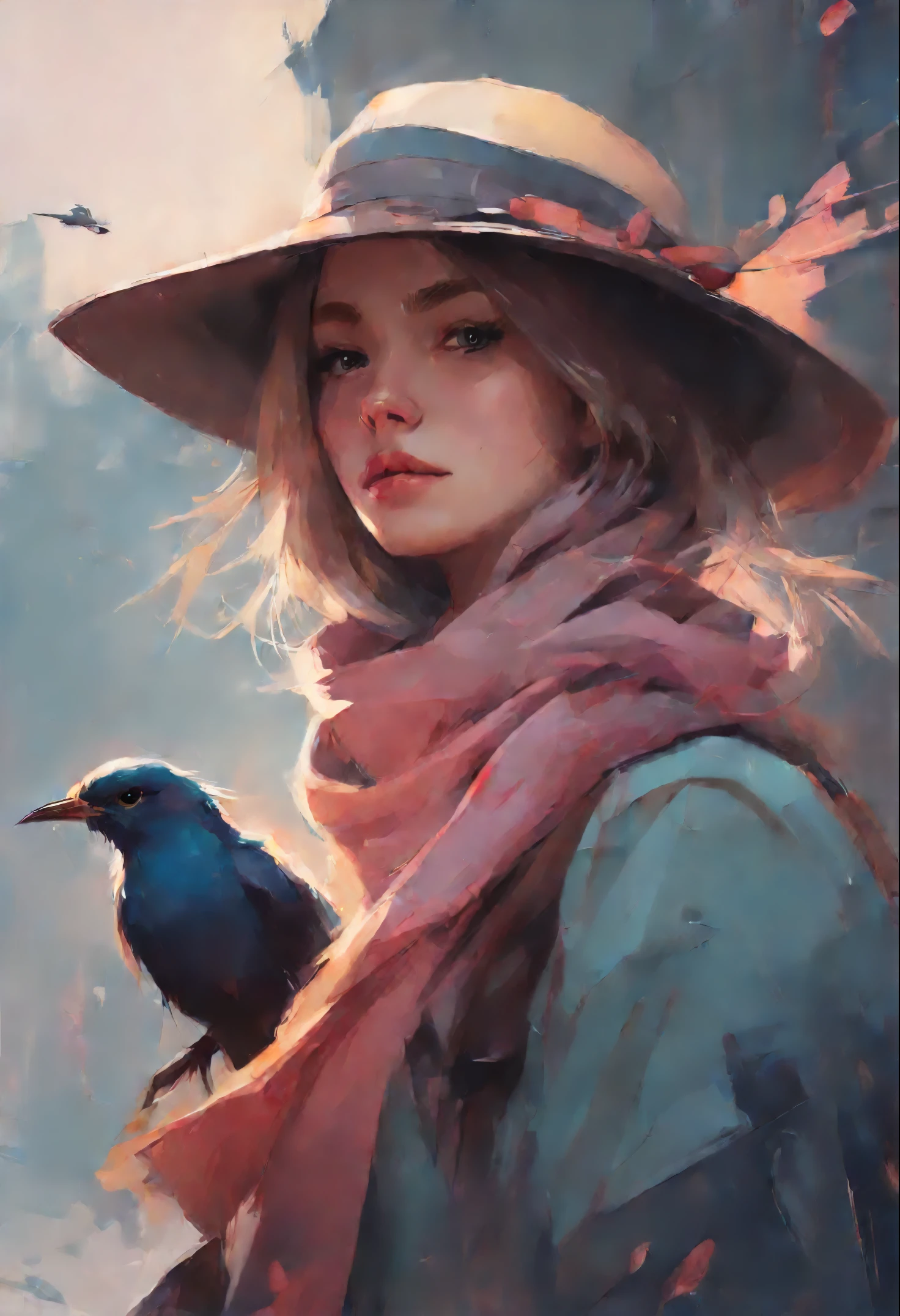picture of a girl in a hat and scarf with a bird on her shoulder, artwork in the style of guweiz, beautiful character painting, guweiz, beautiful illustration,   ross tran 8 k