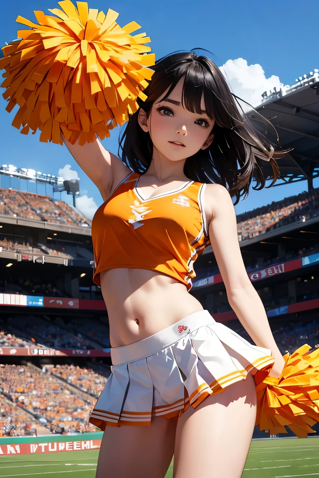 very cute and beautiful cheerleader girl,(highly detailed beautiful face and eyes:1.2),(holding pom poms:1.2),(laugh),
(stadium stands),cowboy shot,dynamic pose,white panties,(sleeveless orange shirt),beautiful legs,dynamic angle,black hair,
(best quality,masterpiece:1.2),intricate details,extremely detailed,ultra-detailed,highres,looking at viewer,
natural lighting,hair fluttering in the wind,beautiful detailed sky,