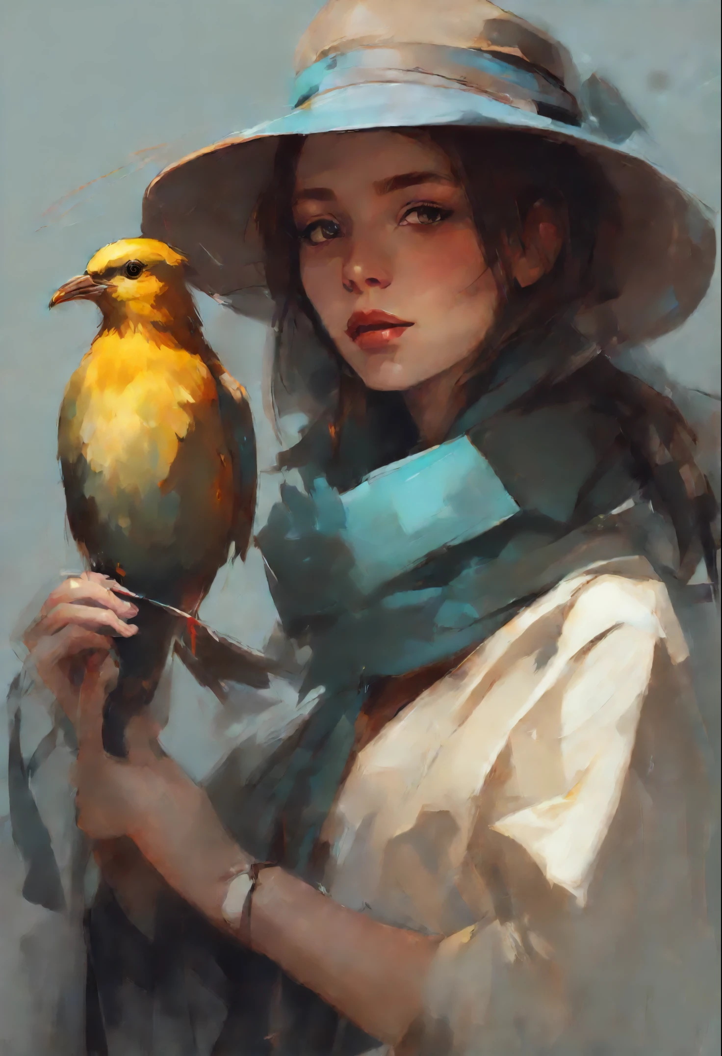 picture of a голубоглазая girl in a hat and scarf with a bird on her shoulder, artwork in the style of guweiz, beautiful character painting, guweiz, beautiful illustration, ross tran 8 k