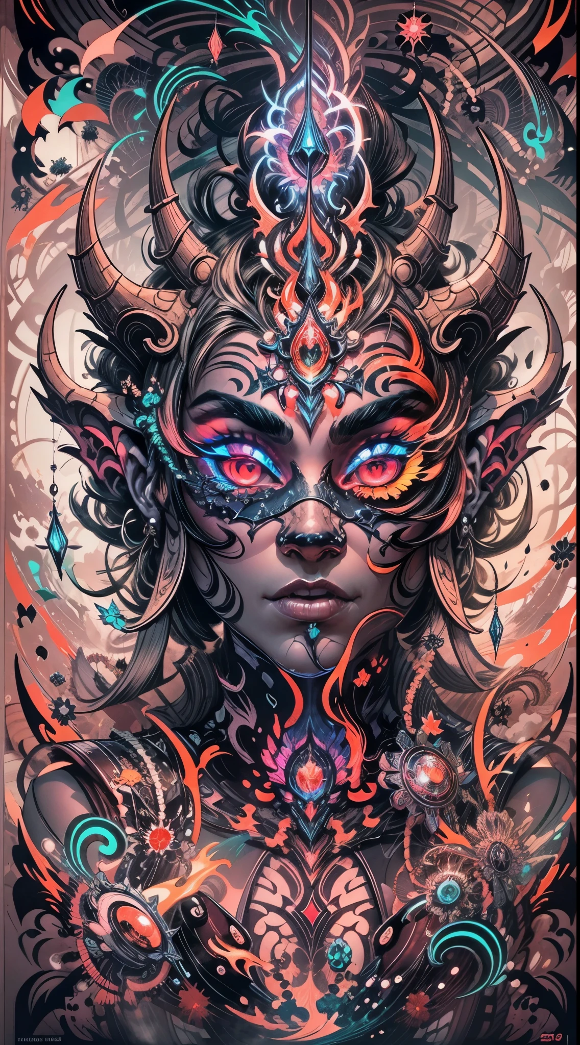Explosive, otherworldly painting of a shape-shifting deity adorned with the elder scrolls series motifs and omnipresent, piercing eyes, a breathtaking amalgamation of fine art and captivating photo collage, mesmerizing poster design:: their appearance exuded the enigmatic allure of Skyrim minimalism fused with cosmic chaos:: --ar 9:16 --s 963 --c 9 --q 2 --v 5