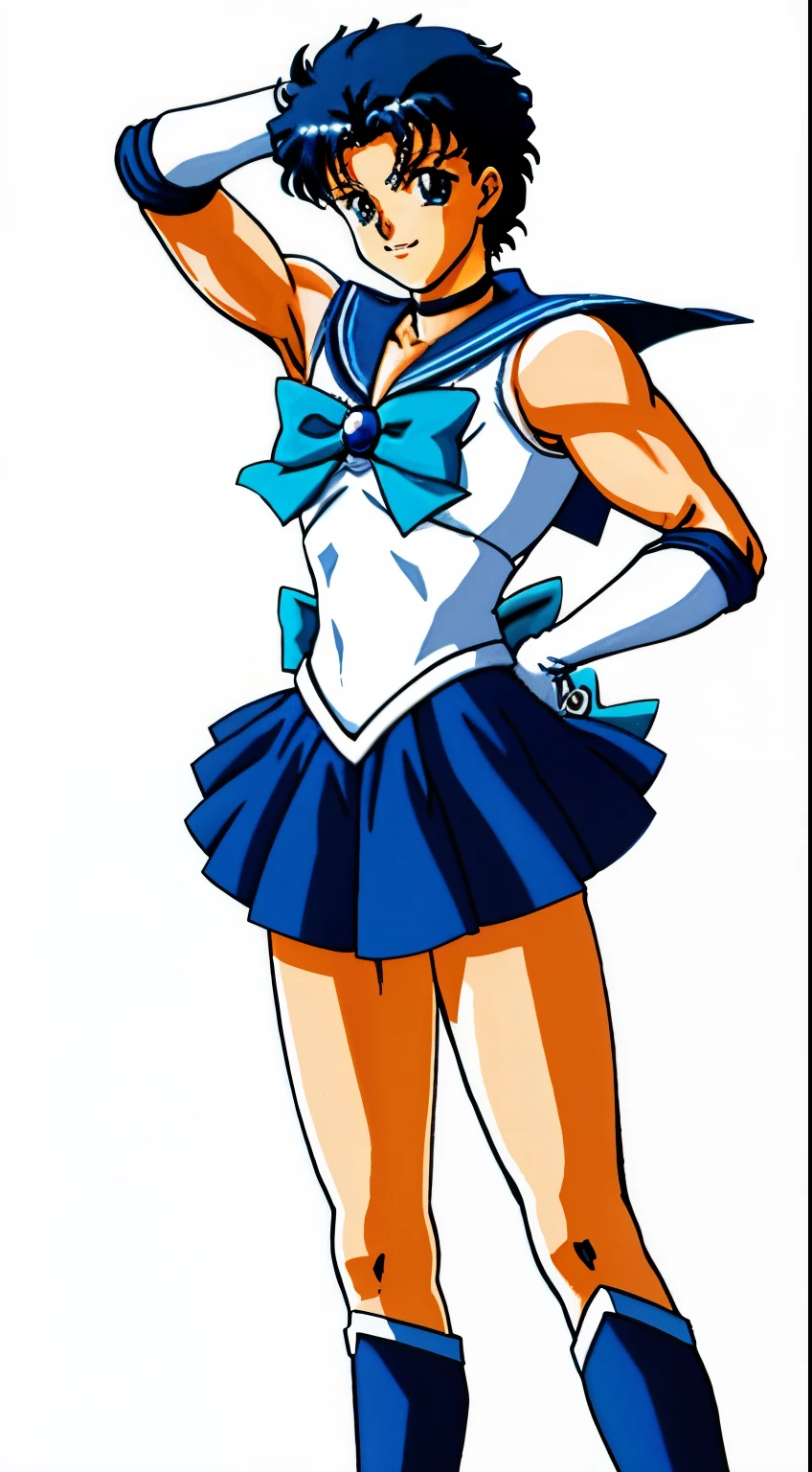 Top Quality Anime Art、​masterpiece、high definition anime art、アニメstyles4K、hight resolution、Boy standing、Very short blue-haired boy、Blue-eyed boy、Golden Circlet、耳环、solo、Strong muscles、Sailor Senshi Uniform、Muscular and strong、white glove、elbowgloves、Blue choker、Blue Heeled Boots、White leotard、highleg leotard、robe blanche、Blue sailor collar、Sky blue bow tie、a miniskirt、pleatedskirt、a blue skirt、Muscular men、a smile、bare upper arm、bare legs、Hymns to the King as a Prince, an retro anime image、full-body close-up shot、Anime. Rogue Anime Boy、Soft lighting、(1990's\(styles\)0.9)、