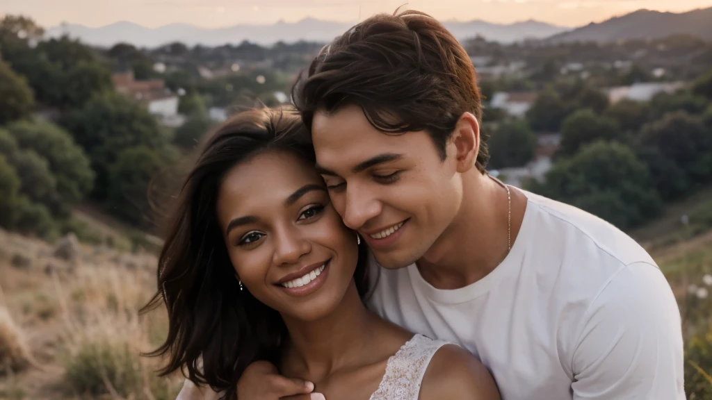 couple, a young man, handsome, black skin, smiling, Passionate gaze, with short hair, wearing a white t-shirt, gray pants, carrying in his arms a beautiful young woman, white skin, wearing a long white dress, with a long hair, smiling, Passionate gaze, in a Hill, sunset, Realism, social media composition, cowboy shot, reflection light, drop shadow, masterpiece, anatomically correct, high details, super detail, best quality