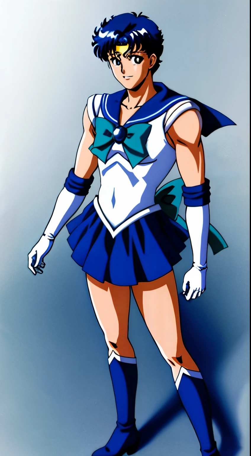 Top Quality Anime Art、masterpiece、high definition anime art、アニメstyles8K、hight resolution、Boy standing、Very short blue-haired boy、Blue-eyed boy、Golden Circlet、耳环、solo、Sailor Senshi Uniform、white glove、elbowgloves、Blue choker、Blue Heeled Boots、White leotard、highleg leotard、robe blanche、Blue sailor collar、Sky blue bow tie、a miniskirt、pleatedskirt、a blue skirt、a smile、bare upper arm、bare legs、Hymns to the King as a Prince, an retro anime image、full-body close-up shot、Anime. Rogue Anime Boy、Soft lighting、(1990's\(styles\)0.9)、