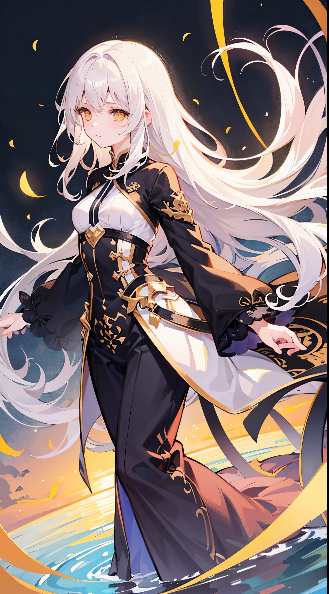 Very delicate and beautiful CG illustrations, bestquality, high-res, dynamic angle, Full length shot, (1girls), Yellow eyes and long straight white hair., Floating, Soft light, High-key backlight)