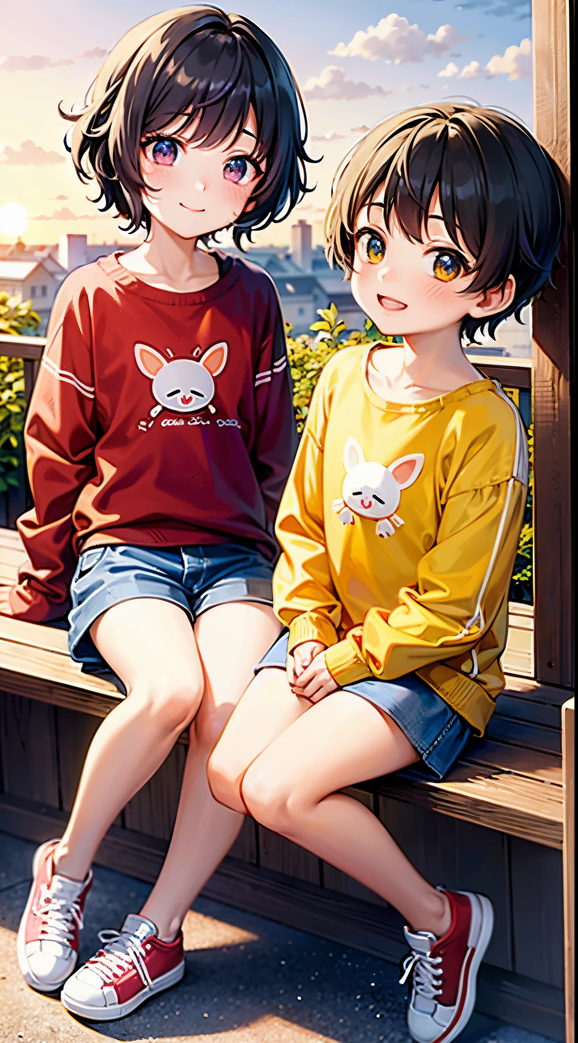Two happy little boys and a little girl sat on the roof, taking full body photos and laughing happily. The boy wore a yellow short Sweatshirt, red sneakers, and the girl wore a white sweatshirt, jeans, white sneakers, black hair, a house, flowers, Hayao Miyazaki and other small animals. A happy little boy with a round face, big eyes, long eyelashes, sunset and sunset,