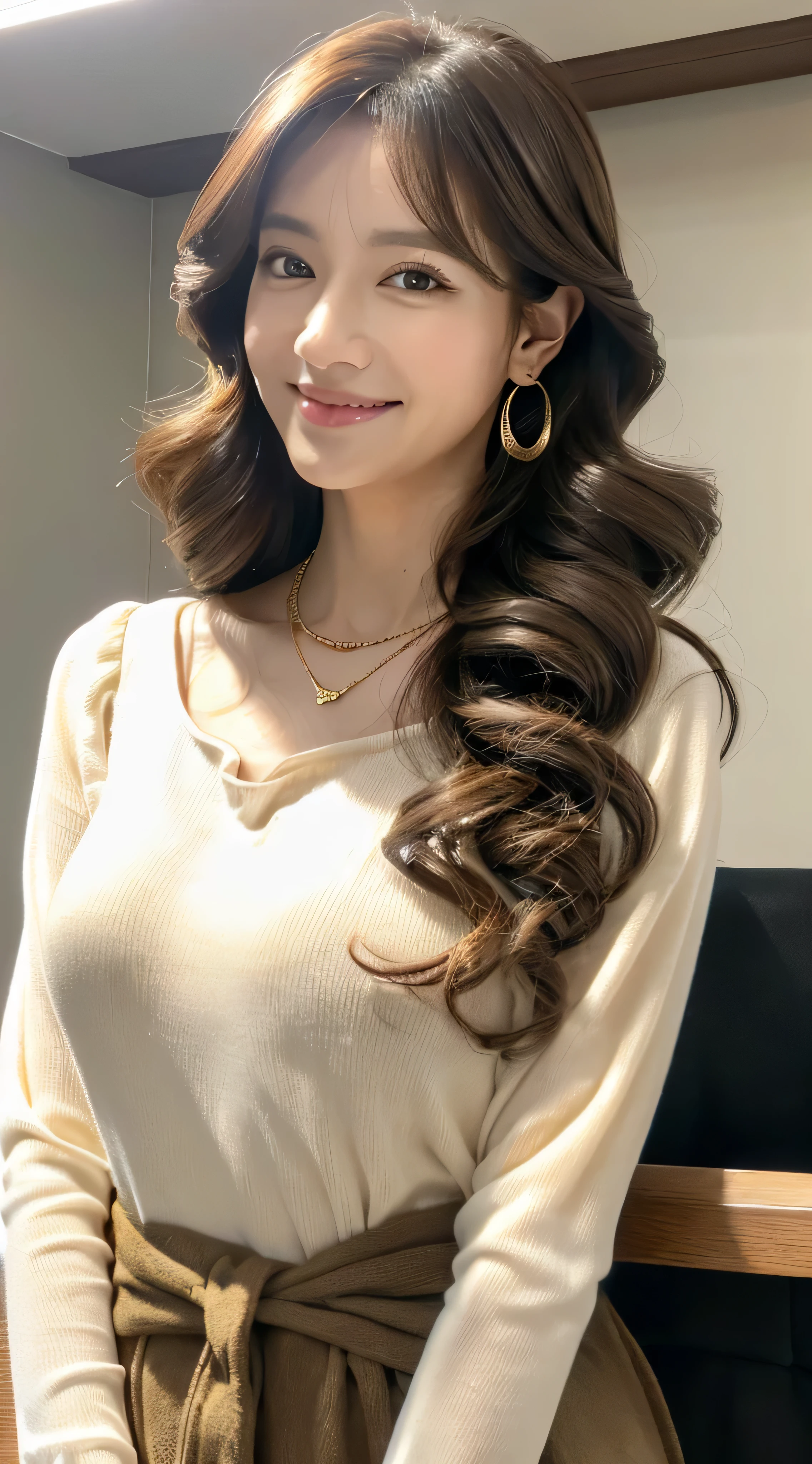 ulzzang -6500-v1.1, (Raw photo:1.2), (Photorealsitic), Beautiful detailed, (Real: 1.4), ighly detailedな目と顔, beatiful detailed eyes, Standing in the office、(plain white long sleeve blouse、flare miniskirt:1.2)、(Ultra-realistic pantyhose、high-heels)、Standing cross-legged、huge filesize, hight resolution, ighly detailed, top-quality, [​masterpiece:1.6], illustratio, ighly detailed, nffsw, finely detail, top-quality, 8k wallpaper, Cinematographic lighting, 1 milf, 43 yeas old, perfect body type, cute droopy eyes beautiful big eyes、Pieckfinger, ((masutepiece)), Best Quality, 1 milf, eye shadow, Portrait, ((FULL BODYSHOT:1.4))、(Very affectionate smile:1.2)、((brown super long hair＿Long hair that reaches to the waist:1.2)),((loose and wavy hair:1.3)),((Gold necklace＿large earring:1.3)),