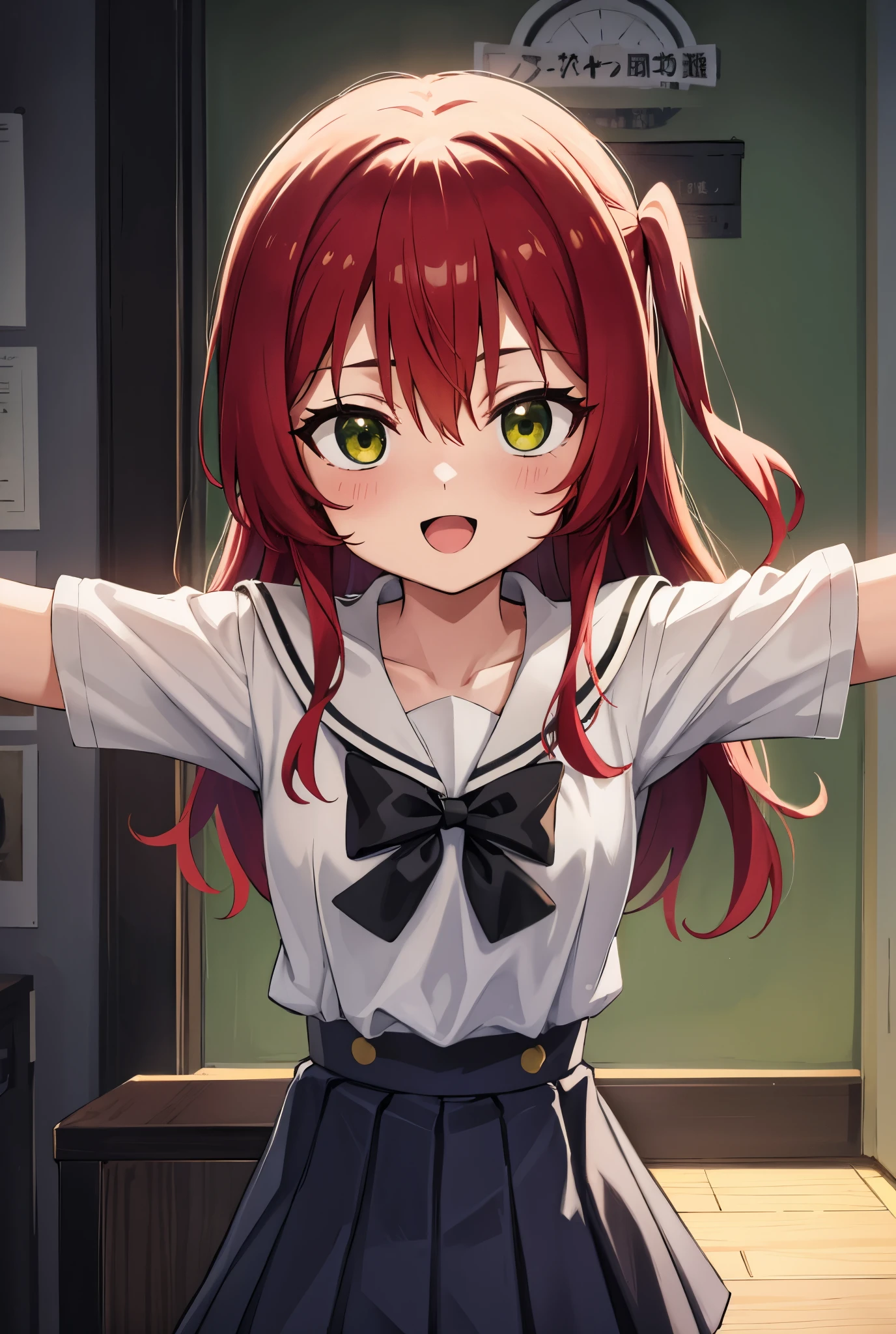 kitaikuyo, ikuyo kita, (green eyes:1.5), hair between eyes, long hair, one side up, red hair, (flat chest:1.2), BREAK black footwear, black skirt, grey sailor collar, pleated skirt, sailor collar, school uniform, shoes, short sleeves, shuka high school uniform, skirt,, BREAK looking at viewer, BREAK indoors, classroom, BREAK (masterpiece:1.2), best quality, high resolution, unity 8k wallpaper, (illustration:0.8), (beautiful detailed eyes:1.6), extremely detailed face, perfect lighting, extremely detailed CG, (perfect hands, perfect anatomy),up chest.Spread your arms.a smile.open mouth.big breasts