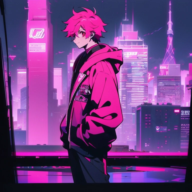 (short-cut), (Two-block hair), (vivid pink hair), (male character), (Red Eyes), (Cool pose), (of the highest quality), (​masterpiece), (ultra-detailliert), (Oversized hoodies), (Street), (neons), (Modern City), (neonsデイライト), (Cinematic), (Stylish), (hight resolution), (Hyper Detailed), (Looking at the camera), (Anime-style), (Softtown), (nightcore), (a handsome man), (Listening to music through headphones), (natural appearance of the building), (casual), (ig studios anime style), (Standing Pose), (Camera from low angle), (With smiling eyes),