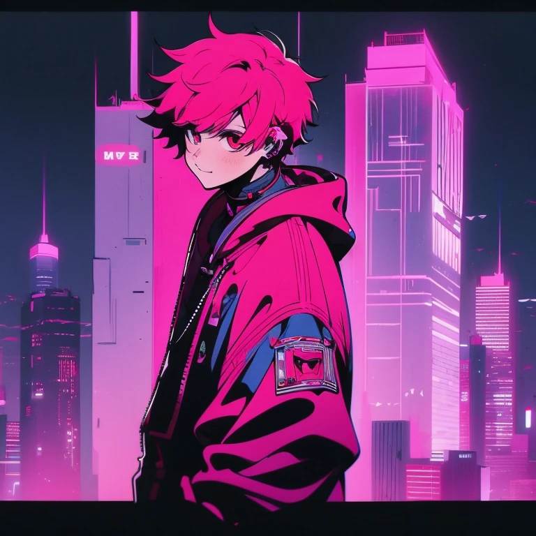 (short-cut), (Two-block hair), (vivid pink hair), (male character), (Red Eyes), (Cool pose), (of the highest quality), (masterpiece), (ultra-detailliert), (Oversized hoodies), (Street), (neons), (Modern City), (neonsデイライト), (Cinematic), (Stylish), (hight resolution), (Hyper Detailed), (Looking at the camera), (Anime-style), (Softtown), (nightcore), (a handsome man), (Listening to music through headphones), (natural appearance of the building), (casual), (ig studios anime style), (Standing Pose), (Camera from low angle), (With smiling eyes),