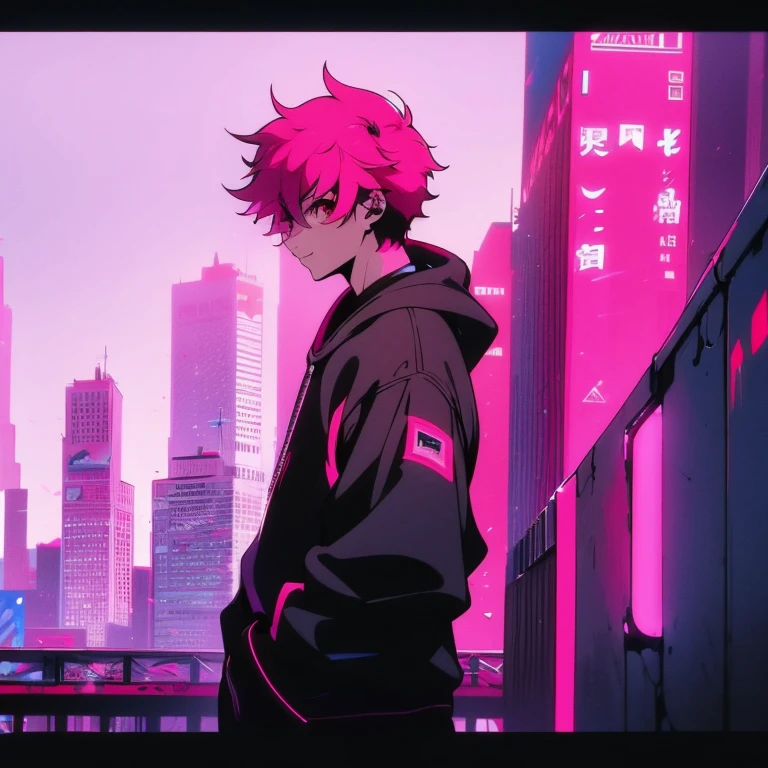 (short-cut), (Two-block hair), (vivid pink hair), (male character), (Red Eyes), (Cool pose), (of the highest quality), (masterpiece), (ultra-detailliert), (Oversized hoodies), (Street), (neons), (Modern City), (neonsデイライト), (Cinematic), (Stylish), (hight resolution), (Hyper Detailed), (Looking at the camera), (Anime-style), (Softtown), (nightcore), (a handsome man), (Listening to music through headphones), (natural appearance of the building), (casual), (ig studios anime style), (Standing Pose), (Camera from low angle), (With smiling eyes),