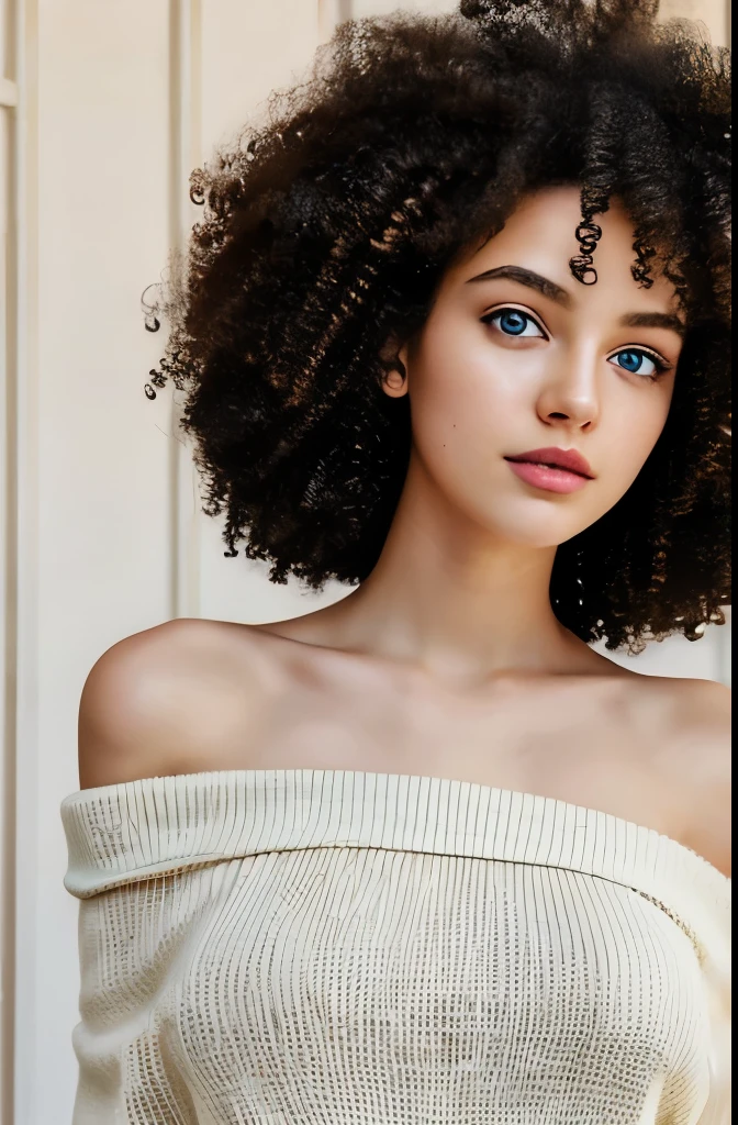 1girl in, age19, Solo, Long hair, Colossal tits, Looking at Viewer, long messy windy blonde hair, Blue eyes, Bare shoulders, (NSFirl naked, Highly Detailed Face and Skin Texture, ((white skin)) big green eyes, slim face, juicy lips, bimbo lips, big puffy breast, breastplates ((afro curly Black hair)), pale skin Full body, off shoulders, Sweaters, Realistic, A sexy
