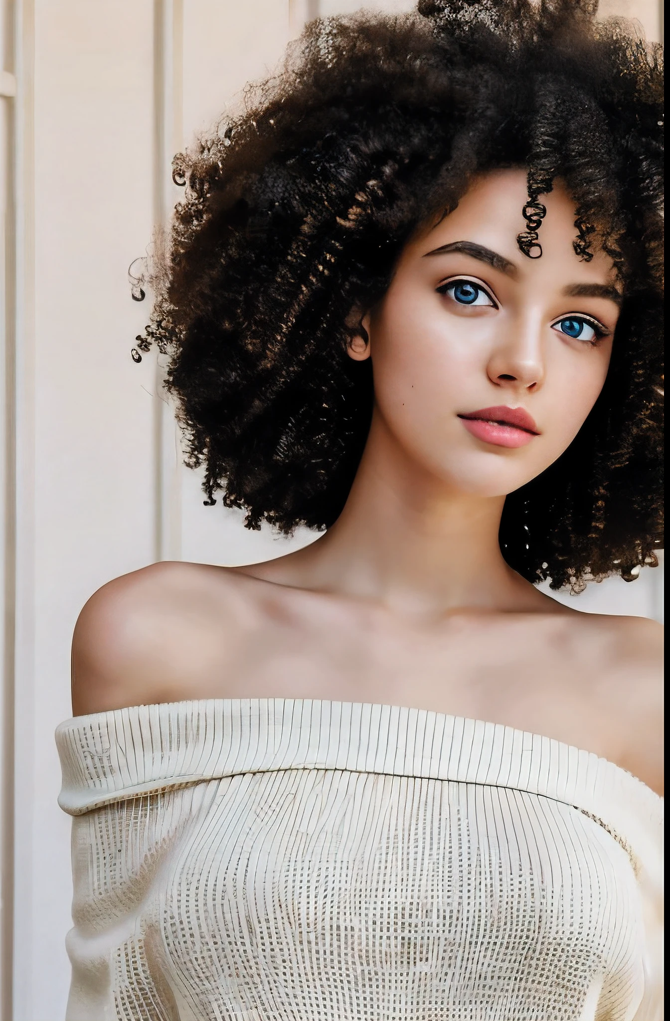 1girl in, age19, Solo, Long hair, Colossal tits, Looking at Viewer, long messy windy blonde hair, Blue eyes, Bare shoulders, (NSFirl naked, Highly Detailed Face and Skin Texture, ((white skin)) big green eyes, slim face, juicy lips, bimbo lips, big puffy breast, breastplates ((afro curly Black hair)), pale skin Full body, off shoulders, Sweaters, Realistic, A sexy