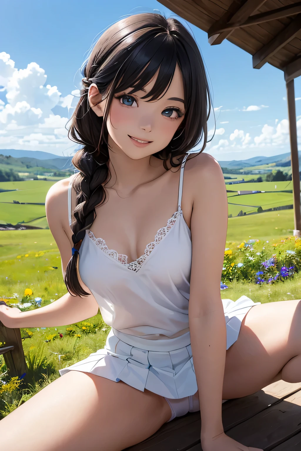 Very cute and beautiful girl,(very detailed beautiful face and eyes:1.2),
White camisole,Sitting,Spread legs,White panties,Dynamic Angle,
(Smile),Happy,Looking at Viewer,(Blue pleated mini skirt:1.2),
countryside,grassy fields,On the hill,Small multicolored flowers,wooden fence,Black hair,twin braids,
(Best Quality,masutepiece:1.2),Intricate details,Ultra-detailed,Extremely detailed,hight resolution,
Solo,Beautiful detailed sky,(Realistic),Perfect hands,Beautiful hands,