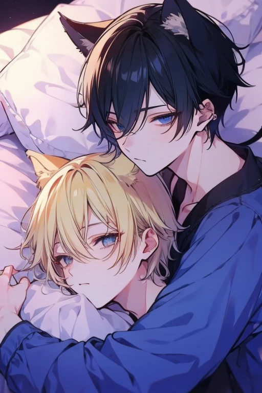 Unparalleled beauty,face perfect、a bedルーム、a bedに寝そべる、(2man,Gay Male Relationships),Perfect Eye、Blue Eye、 By Shinkai Makoto、Animal ears、Animal tail、a blonde and a black hair、Nightwear、s Pajamas、What it looks like when you're sleeping、a bed、