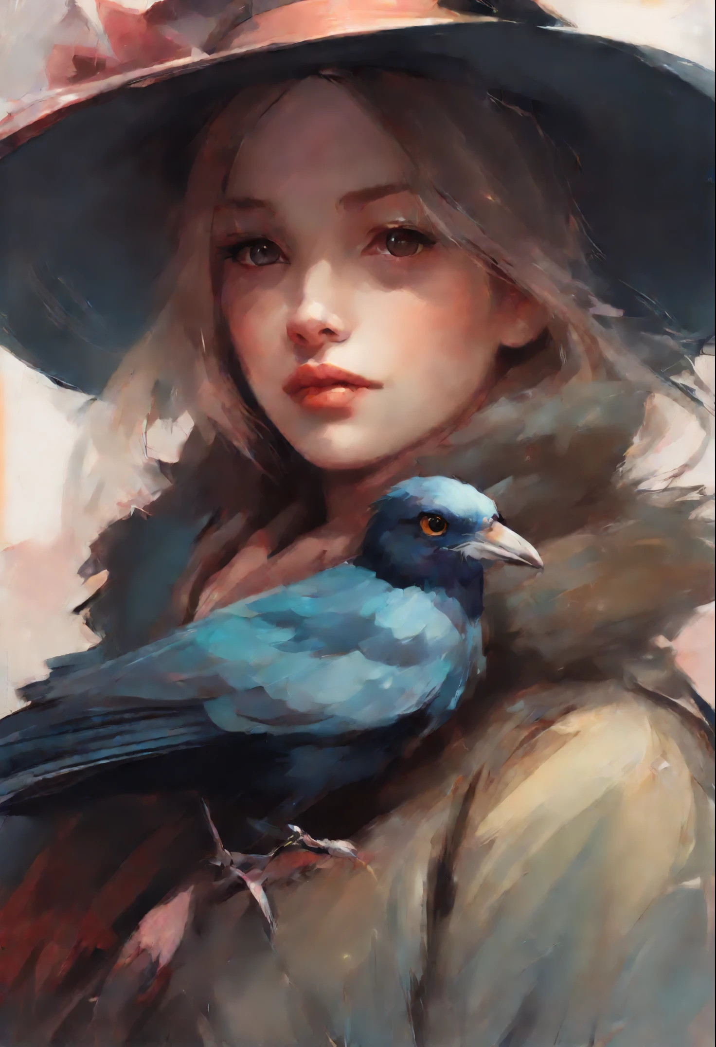 picture of a girl in a hat and scarf with a bird on her shoulder, artwork in the style of guweiz, beautiful character painting, guweiz, beautiful illustration, ross tran 8 k