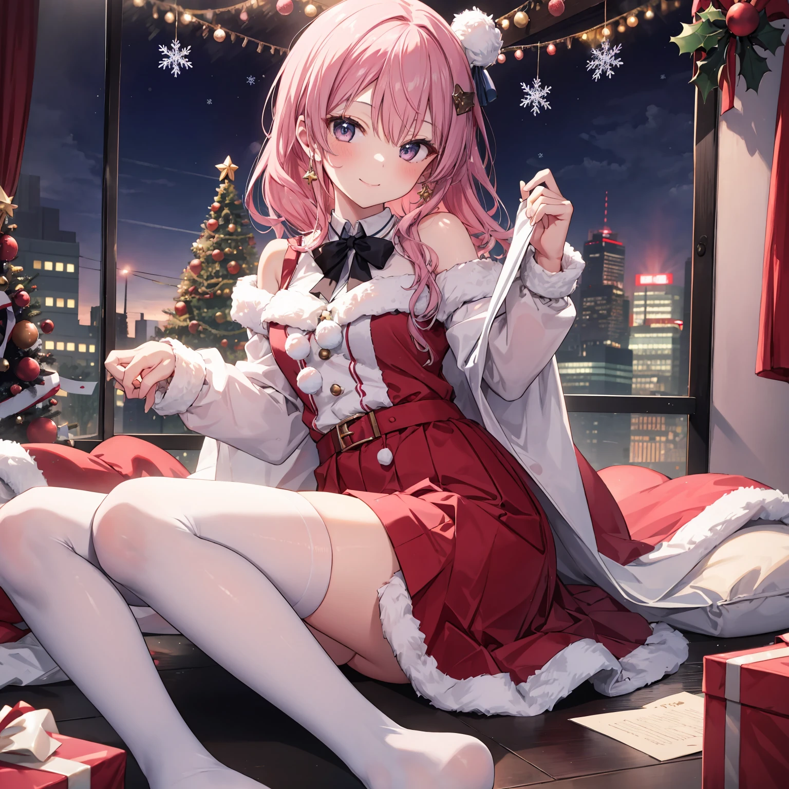 one-girl，byself，gently smiling，红色Christmas服，Christmas，Christmas服，A pink-haired，white underwear，Mitsukasa Ayase，White suspender stockings，White stockings，