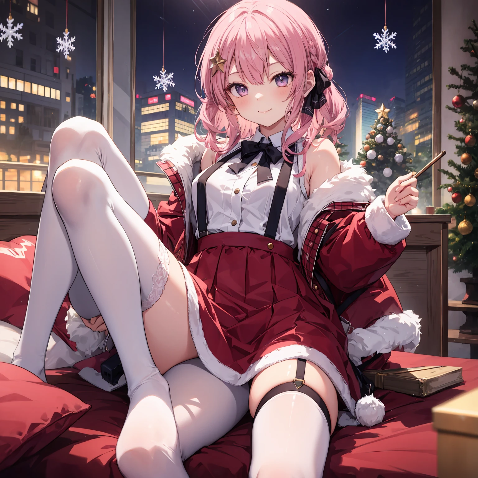 one-girl，byself，gently smiling，红色Christmas服，Christmas，Christmas服，A pink-haired，white underwear，Mitsukasa Ayase，White suspender stockings，White stockings，