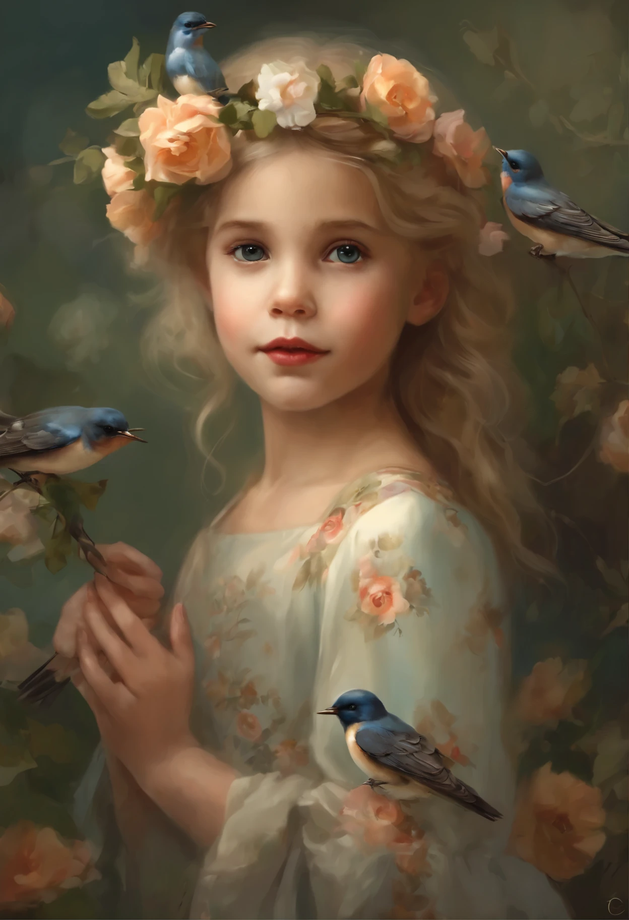 photo of a little blonde girl in a flower dress with a bird (barn swallow)in hands and a flower crown, magali villeneuve', In the style of Anna Dittmann, magali villeneuve and monet, beautiful character painting, Heather Theurer, Ghibli Tom Bagshaw, artwork in the style of guweiz, Adi Granov, jinyoung shin art, Ye Xin, Annie Stegg Gerard