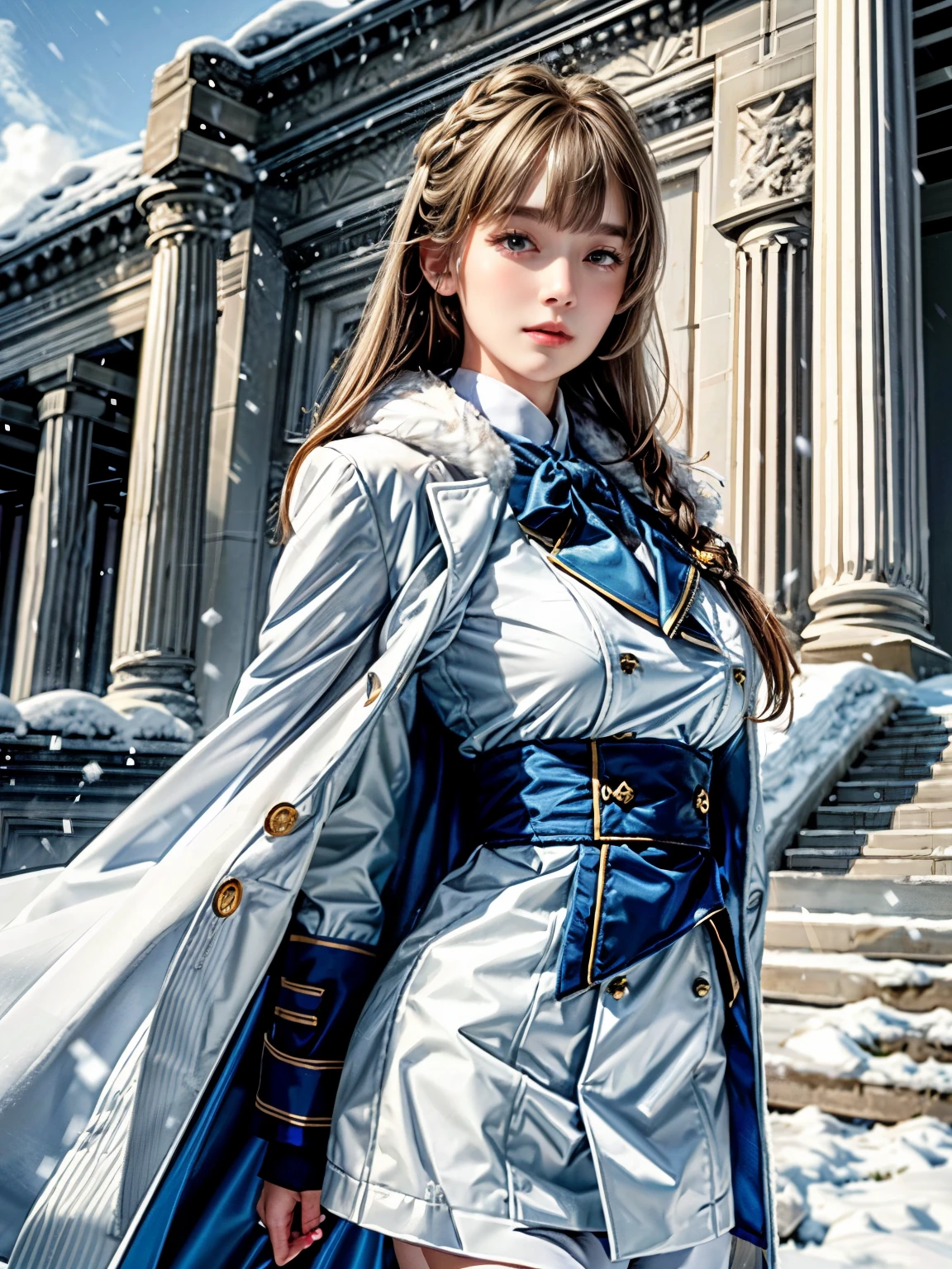 (highest resolution, distinct_image), realistic, Best quality, single person, one girl, solo, masterpiece, highly detailed, realistic, long hair, braided white blond hair, (blue military uniform underneath the coat), depth of field, outdoor background, (falling snow), ((big breasts)), authoritative, dignified, calm and powerful expression, ambient lighting, exquisite facial feature, (fur-trimmed white coat), open coat, short skirt, looking at viewer, head to waist, in a terrace of a monumental building, (((front bangs))), dynamic angle, striking a pose, light smile, detailed background