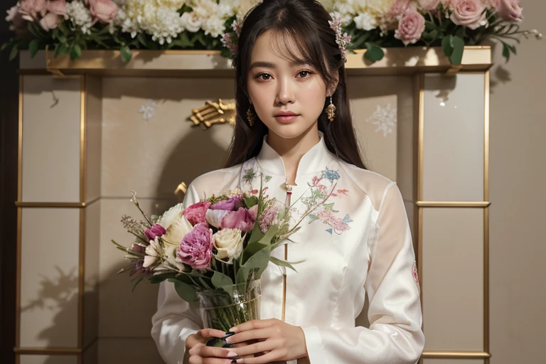 a close up of a woman holding a vase of flowers, with flowers, magazine photo, by Ayami Kojima, official artwork, jinyoung shin, with frozen flowers around her, by Ni Tian, dilraba dilmurat, jaeyeon nam, cynthwave, hwang se - on, mackenzie foy, by Zhang Han, park ji-min, by Jin Nong