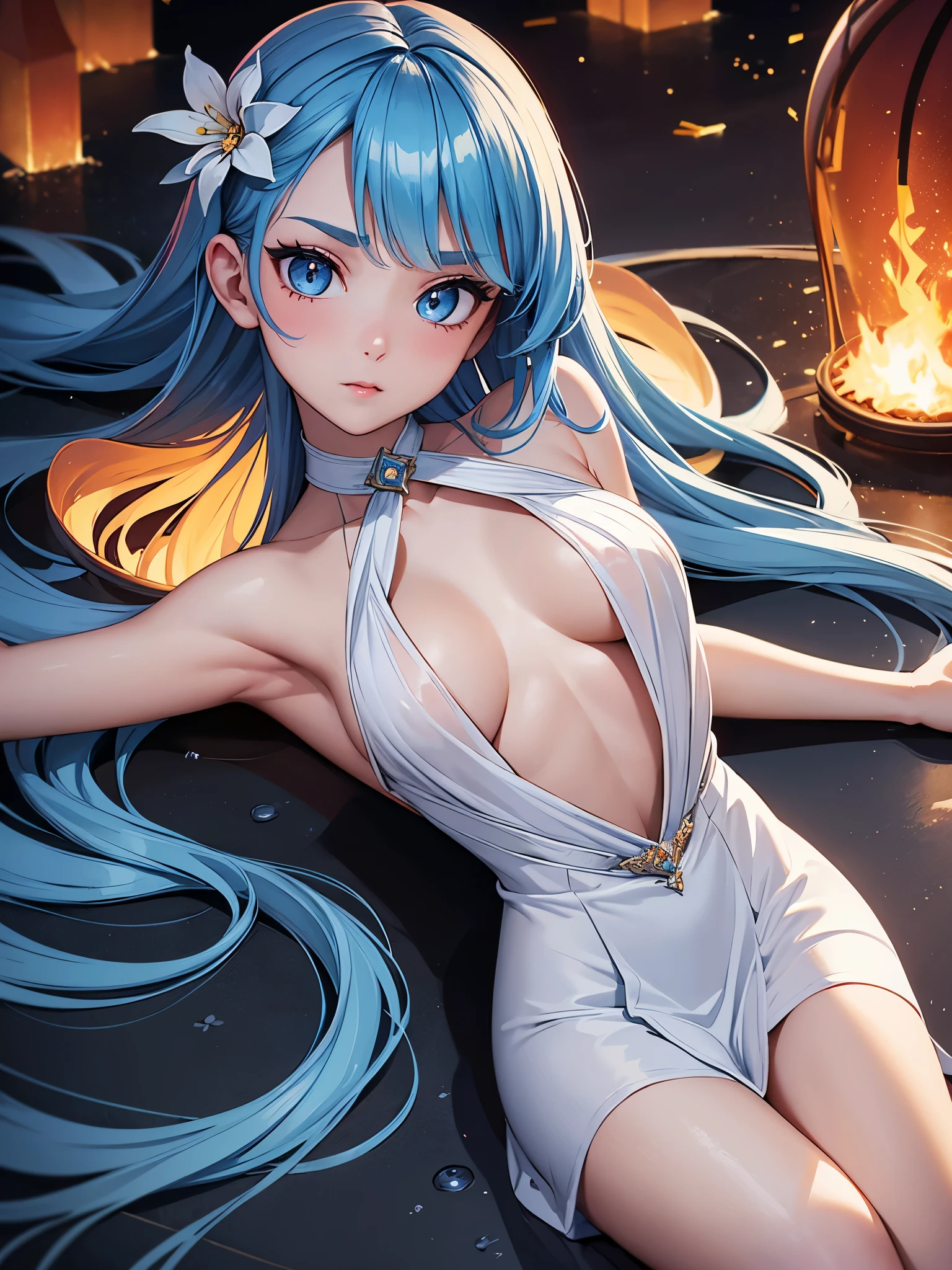 masterpiece, exquisite, {beautiful and meticulous girl}, beautiful and detailed halo, (fire of war: 1.2), (fire explosion behind: 1.3), rain, detailed lighting, detail water, (beautiful and detailed eyes: 1.1), glitter_force, palace, sky blue hair, scattered hair, long bangs, eyebrows, (Open Stitch Ring Linked Halter Neck Backless Bodycon Dress: 1.1), black ribbon, white bow tie, upper abdomen, big forehead, flower, laying down, top view