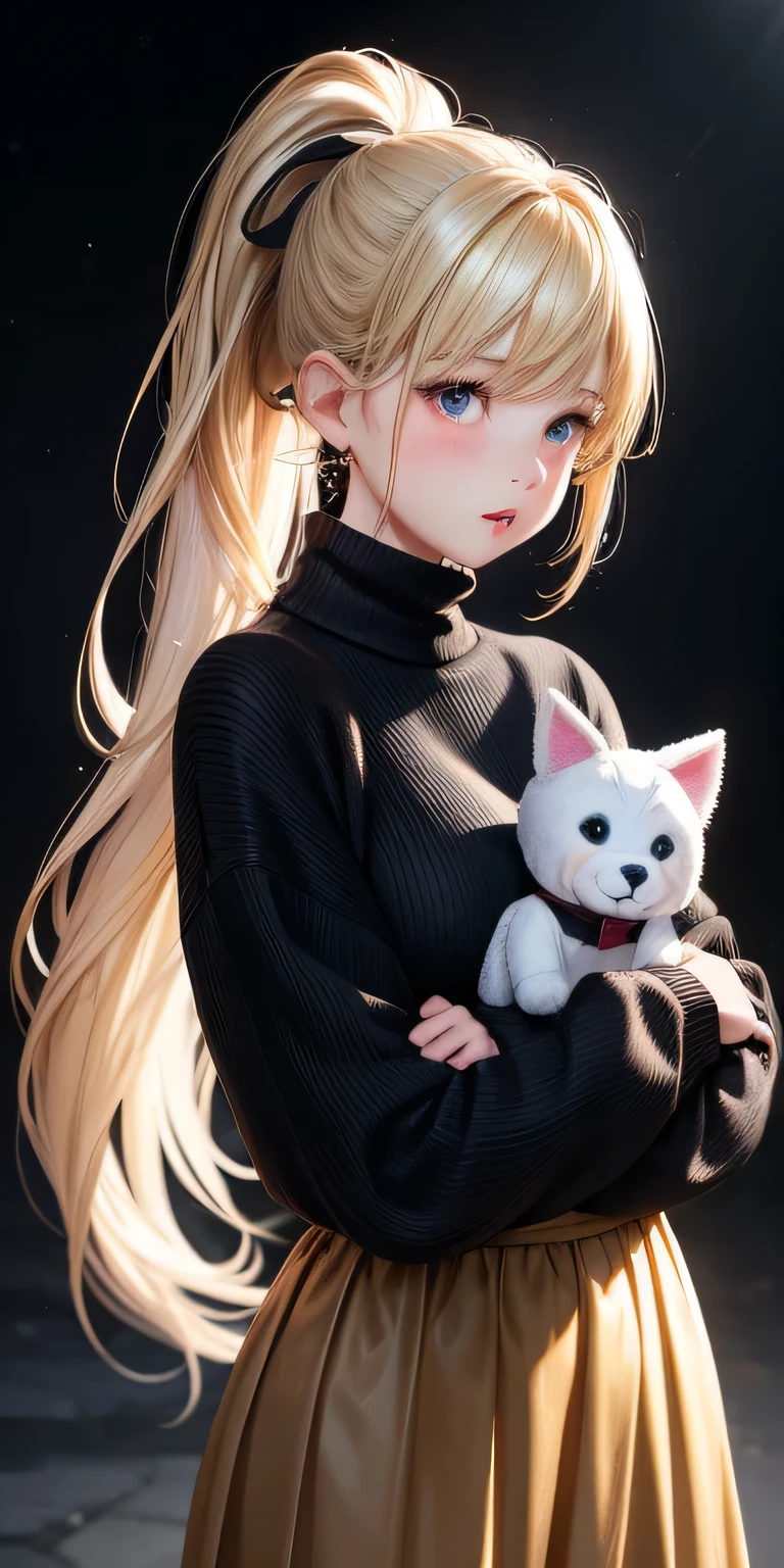 realistic, 1girl, blonde hair, black eyes, glowing eyes, sweater, long skirt, parted lips, blush, night, short ponytail, holding a funny plush dog