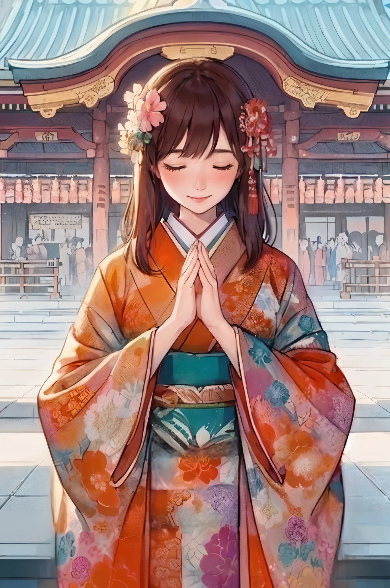 1lady solo, (bringing palms together (in front of face:1.2):1.2), (vibrant kimono) flower ornament, mature female, /(brown hair/) bangs, blush light smile (eyes lightly closed:1.1), (masterpiece best quality:1.2) delicate illustration ultra-detailed, large breasts BREAK (Japanese shrine outdoors), (New Year's Day) winter, /(bricks road/), crowded