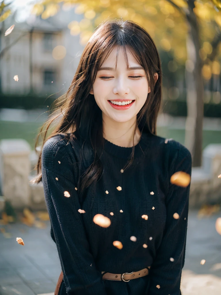 girl with、cosy sweater on、The upper part of the body、(Huge laughter:1.1)、(Opening Mouth:1.1)、(widely opened eyes:1.2)、Sun glare、bokeh dof、Depth of Field Background、Particles of light、heavy wind、(Heart particles:1.1)、Priestess costume、redhair、Black tight clothes