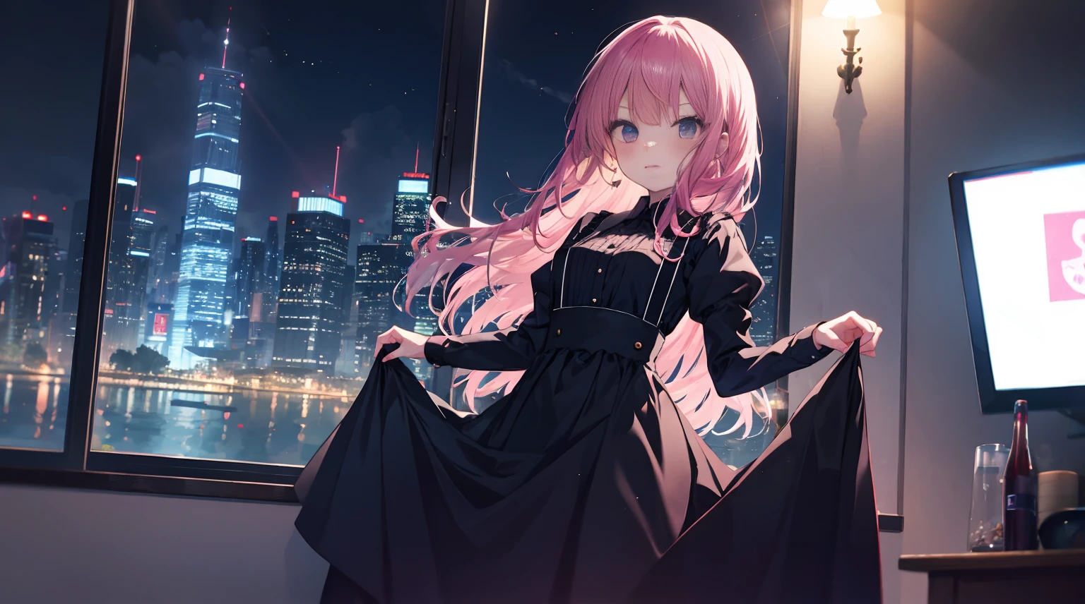 one-girl,soio,Pink Long Hair,Medium-hair long,dishiveredhair,black gown,black color dress,lift skirt yourself,natta,beside a window , night city background,Digital punk, Anime style 4k, in a bedroom,Suspenders,黑色Suspenderlack stockings,Mitsukasa Ayase、Character-centric