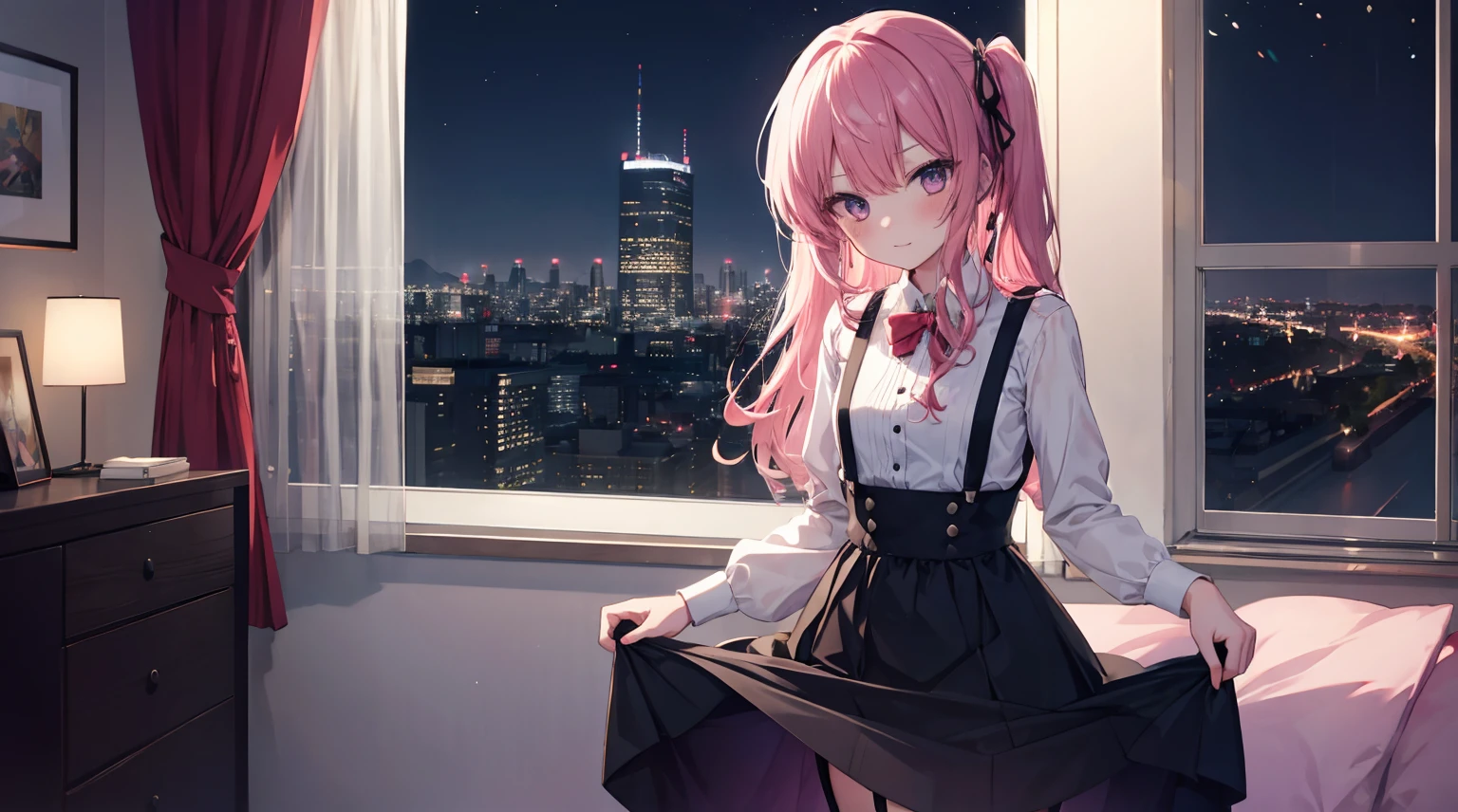 one-girl,soio,Pink Long Hair,Medium-hair long,dishiveredhair,black gown,black color dress,lift skirt yourself,natta,beside a window , night city background,Digital punk, Anime style 4k, in a bedroom,Suspenders,黑色Suspenderlack stockings,Mitsukasa Ayase、Character-centric
