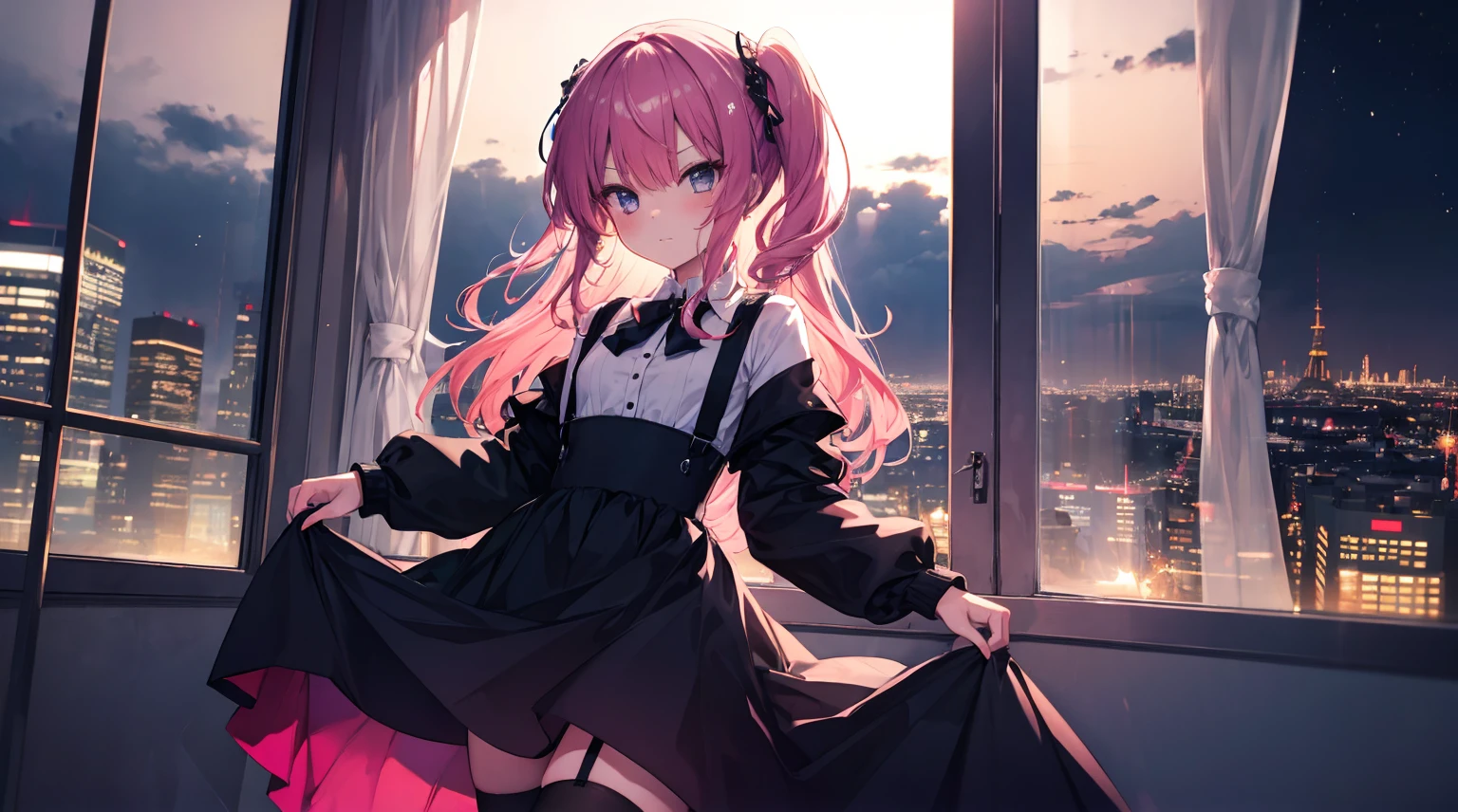 one-girl,soio,Pink Long Hair,Medium-hair long,dishiveredhair,black gown,black color dress,lift skirt yourself,natta,beside a window , night city background,Digital punk, Anime style 4k, in a bedroom,Suspenders,黑色Suspenderlack stockings,Mitsukasa Ayase、Character-centric