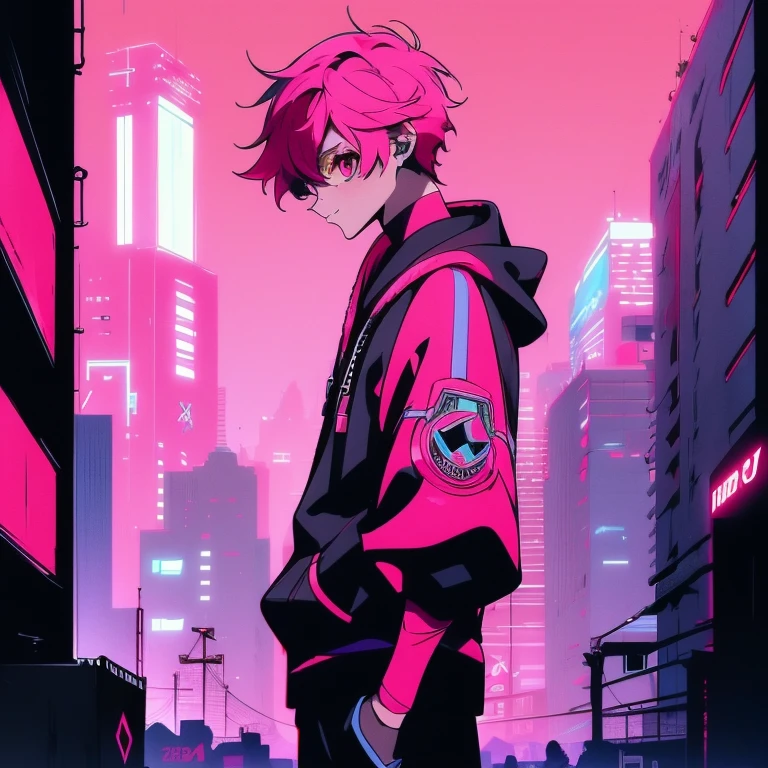 (short-cut), (Two-block hair), (vivid pink hair), (male character), (Red Eyes), (Cool pose), (of the highest quality), (masterpiece), (ultra-detailliert), (Oversized hoodies), (Street), (neons), (Modern City), (neonsデイライト), (Cinematic), (Stylish), (hight resolution), (Hyper Detailed), (Looking at the camera), (Anime-style), (Softtown), (nightcore), (a handsome man), (Listening to music through headphones), (natural appearance of the building), (casual), (ig studios anime style), (Standing Pose), (Camera from low angle), (With smiling eyes),