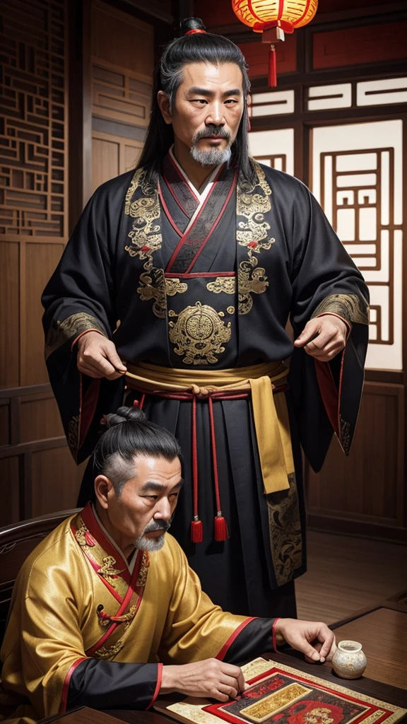 oriental、Middle-aged man wearing ancient Chinese clothes、ancient chinese hairstyle middle age、three kingdom、multiple warlords、top-quality、​masterpiece、超A high resolution、(Photorealsitic:1.4)、Game Posters、Inside the building、Simple hairstyle