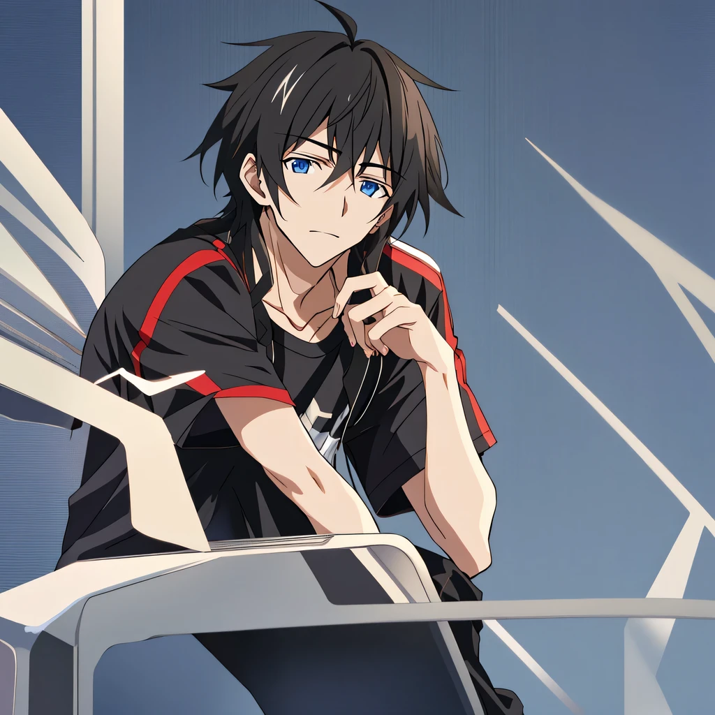 a man with a black shirt and black hair sitting on a couch, tall anime guy with blue eyes, anime handsome man, he has an elongated head shape, extremely handsome, as an anime character, menacing look, handsome anime pose, he is wearing a black t-shirt, handsome guy in demon slayer art, looking smug, male anime character, handsome prince