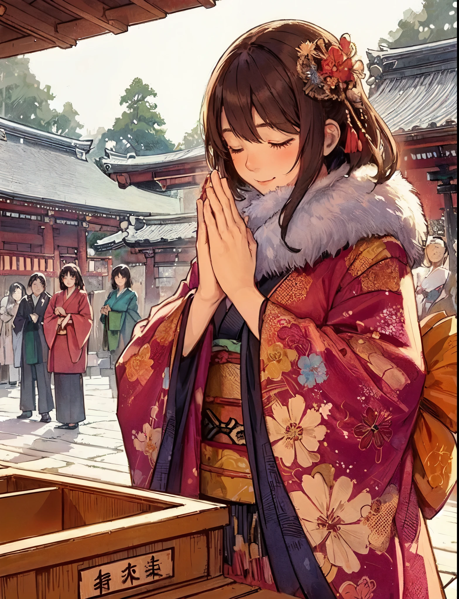 1lady solo, (bringing palms together (in front of face:1.2):1.2), (vibrant kimono) flower ornament, mature female, /(brown hair/) bangs, blush light smile (eyes lightly closed:1.1), (masterpiece best quality:1.2) delicate illustration ultra-detailed, large breasts BREAK (Japanese shrine outdoors), (offering wooden box:1.2), /(bricks road/), crowded