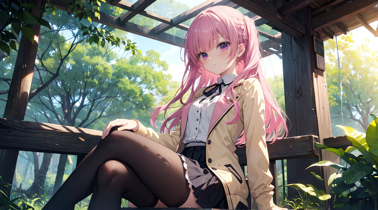 Beautiful jungle tree house,Cinematic, (tmasterpiece),A vibrant,light yellow jacket,White color blouse,a black skirt,one-girl,solo,Pink Long Hair,gentleness,Medium-hair long,hair straight,Anime style 4k, Black stockings,Mitsukasa Ayase、full bodyesbian,sitting in park,Character-centric