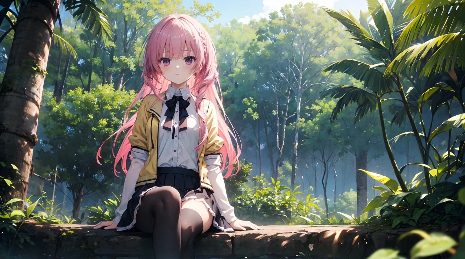 Beautiful jungle tree house,Cinematic, (tmasterpiece),A vibrant,light yellow jacket,White color blouse,a black skirt,one-girl,solo,Pink Long Hair,gentleness,Medium-hair long,hair straight,Black underwear,Anime style 4k, Black stockings,Mitsukasa Ayase、full bodyesbian,sitting in park,Character-centric