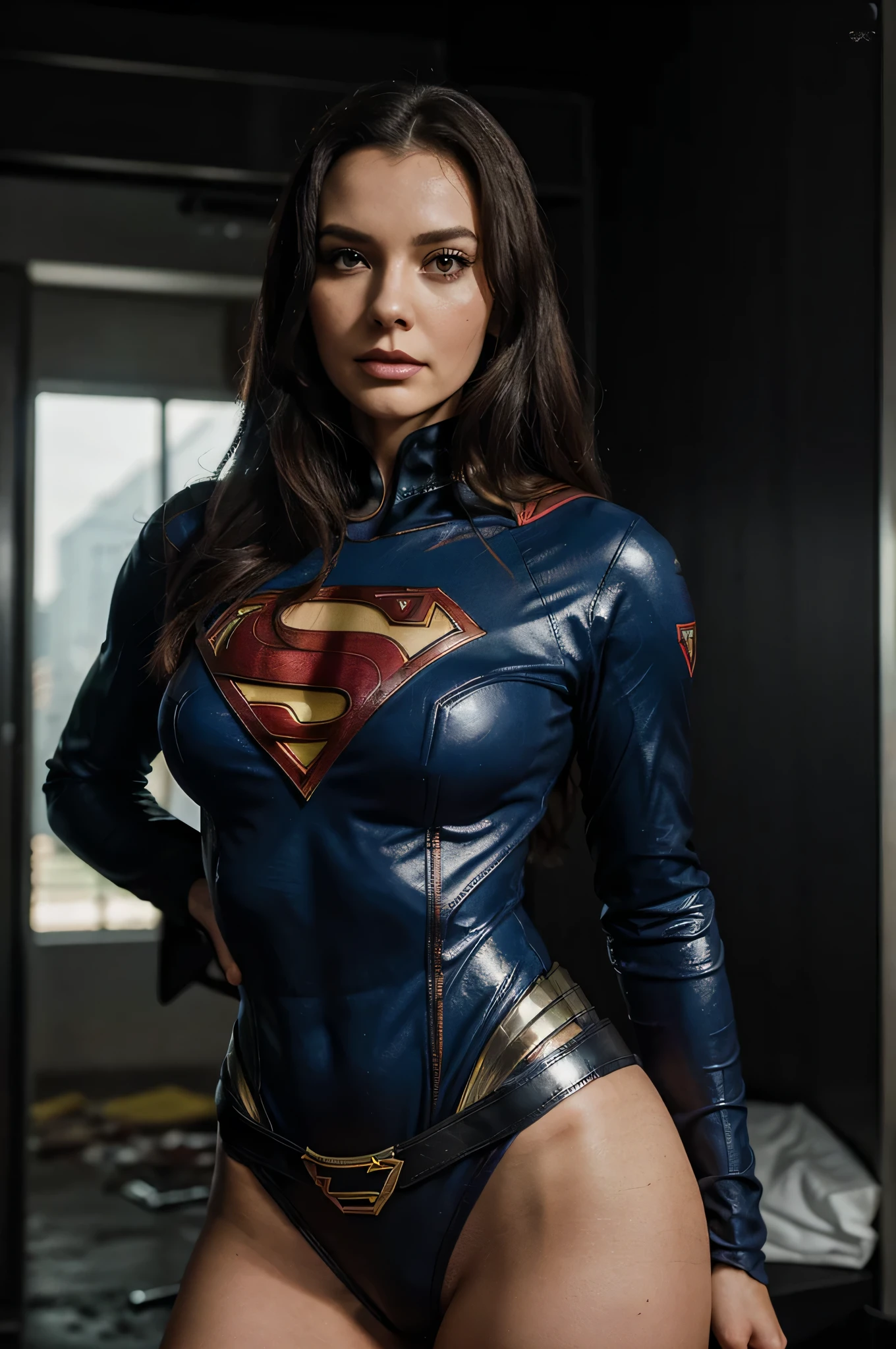 The fusion of Morticia and Supergirl results in a heroine with striking Supergirl traits. Your uniform is sexy and modern, em tons escuros e com o "s" em vermelho brilhante em seu peito. Ela possui Supergirl'Ela'Ela'Ela'Ela'Ela'Ela'Ela'Ela'Ela'Ela'Ela'Ela'Ela'Ela'Ela'Ela'ela'It's strength and determination, combined with a touch of mystery and sensuality. His body is slender and athletic, reflecting his incredible physical ability. She radiates confidence and power, ready to face any challenge with grace and courage. This fusion is the embodiment of beauty, strength and bravery, ready to protect the world with your imposing presence. Linda,sexy,super menina,Cripto, "s" No peito, Pernas lindas,amante,atraente "s" make superman, in a post-apocalyptic scenario,destruction, TWD, Villain,highes definition, 8k,uniform in worn metallic colors,becos escuros deGotham City,chamado do batman ao fundo. holofote do batman, sadisticmasochism,so do it,sadistic