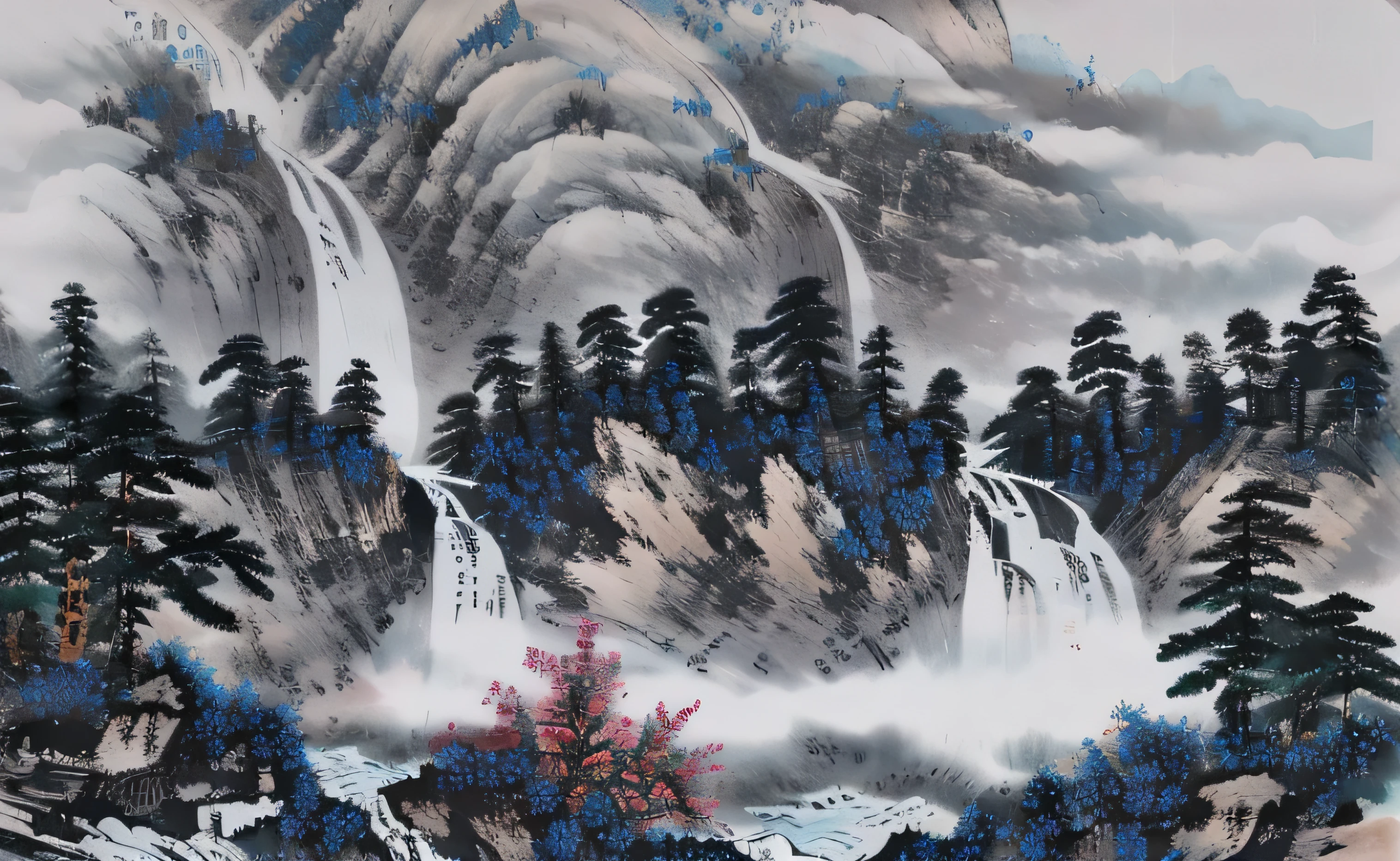 ((tmasterpiece)), ((Best quality)), ((High profile details)), ((water ink)), ((Artis)), 长Monte松that tree图_that tree, Branch, The No_human character, external, The landscape, birds, waterfall man, floods, Indigo pigment, Zu Lisong_Stylized_Monte, high detal, Award-winning, Best quality, 4K