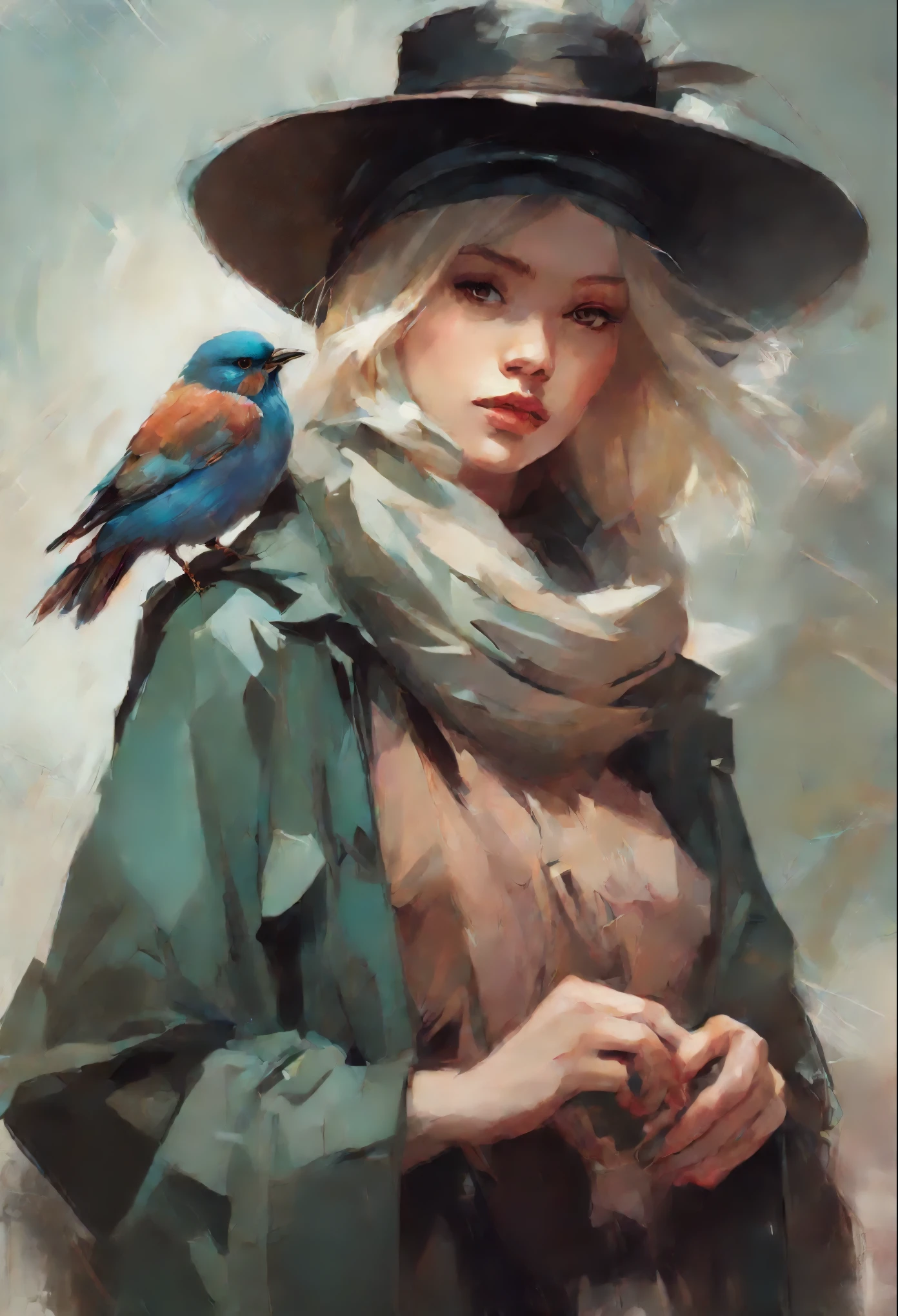 picture of a зеленоглазая брюнетка с совой girl in a hat and scarf with a bird on her shoulder, artwork in the style of guweiz, beautiful character painting, guweiz, beautiful illustration,   ross tran 8 k