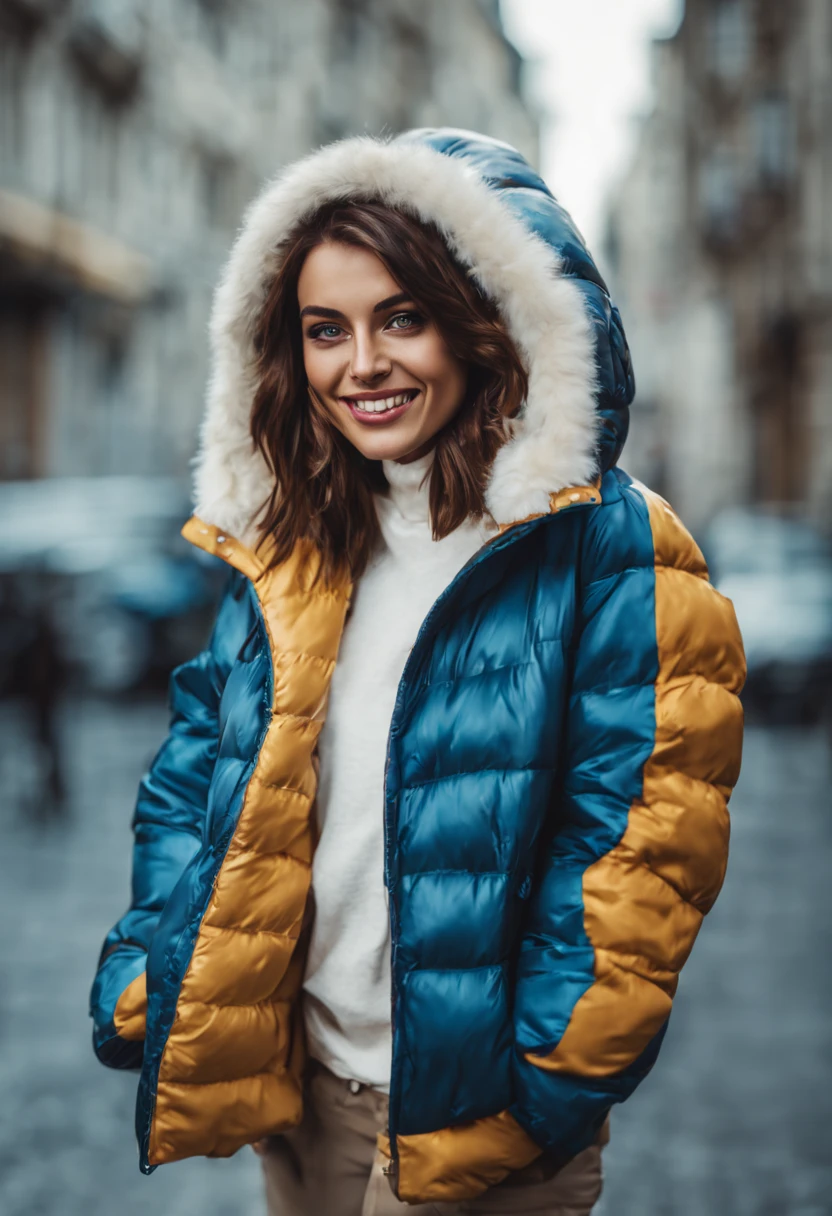 ultrarealistic high quality photo of a beautiful young busty european woman with cute face and brunette with dyed white streaks long messy bob and beautiful smile, steel-blue eyes, casual clothes outit with shiny hooded puffer coat, full body street photography,