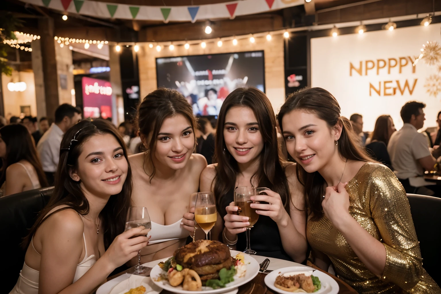 5 photos of food and people stuffing themselves during New Year's Eve parties, homens e mulheres confraternizando juntos