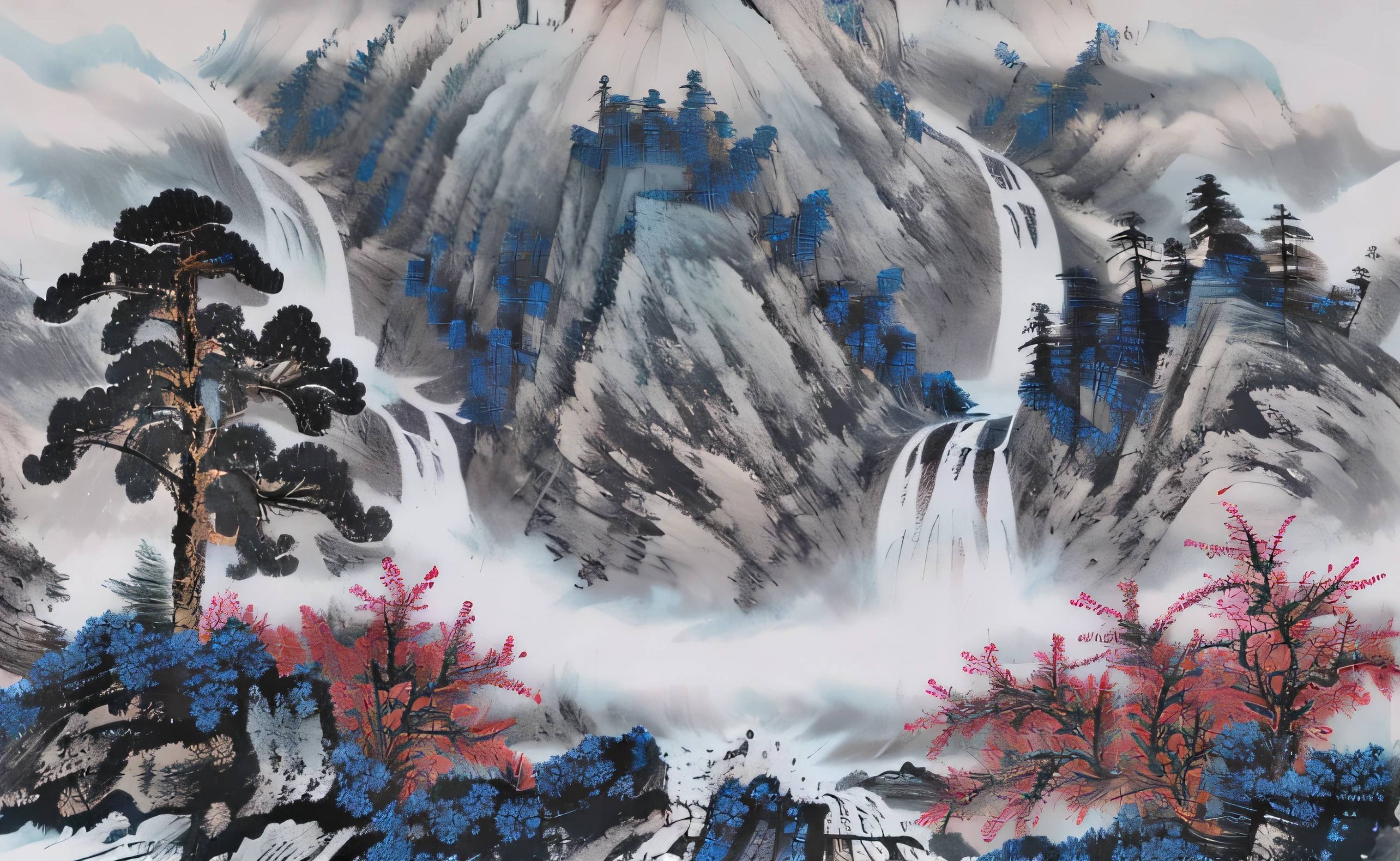 ((tmasterpiece)), ((Best quality at best)), ((High profile details)), ((water ink)), ((Artis)), 长Monte松that tree图_that tree, Branch, The No_human character, External, The landscape, birds, waterfall man, floods, Indigo pigment, Zu Lisong_Stylized_Monte, high detal, Award-winning, Best quality at best, 4K