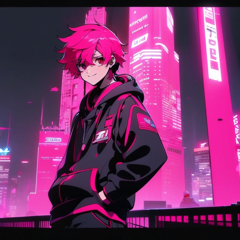 (short-cut), (Two-block hair), (vivid pink hair), (male character), (Red Eyes), (Cool pose), (of the highest quality), (masterpiece), (ultra-detailliert), (Oversized hoodies), (Street), (neons), (Modern City), (neonsデイライト), (Cinematic), (Stylish), (hight resolution), (Hyper Detailed), (Looking at the camera), (Anime-style), (Softtown), (nightcore), (a handsome man), (Listening to music through headphones), (natural appearance of the building), (casual), (ig studios anime style), (Standing Pose), (Camera from low angle), (With smiling eyes),